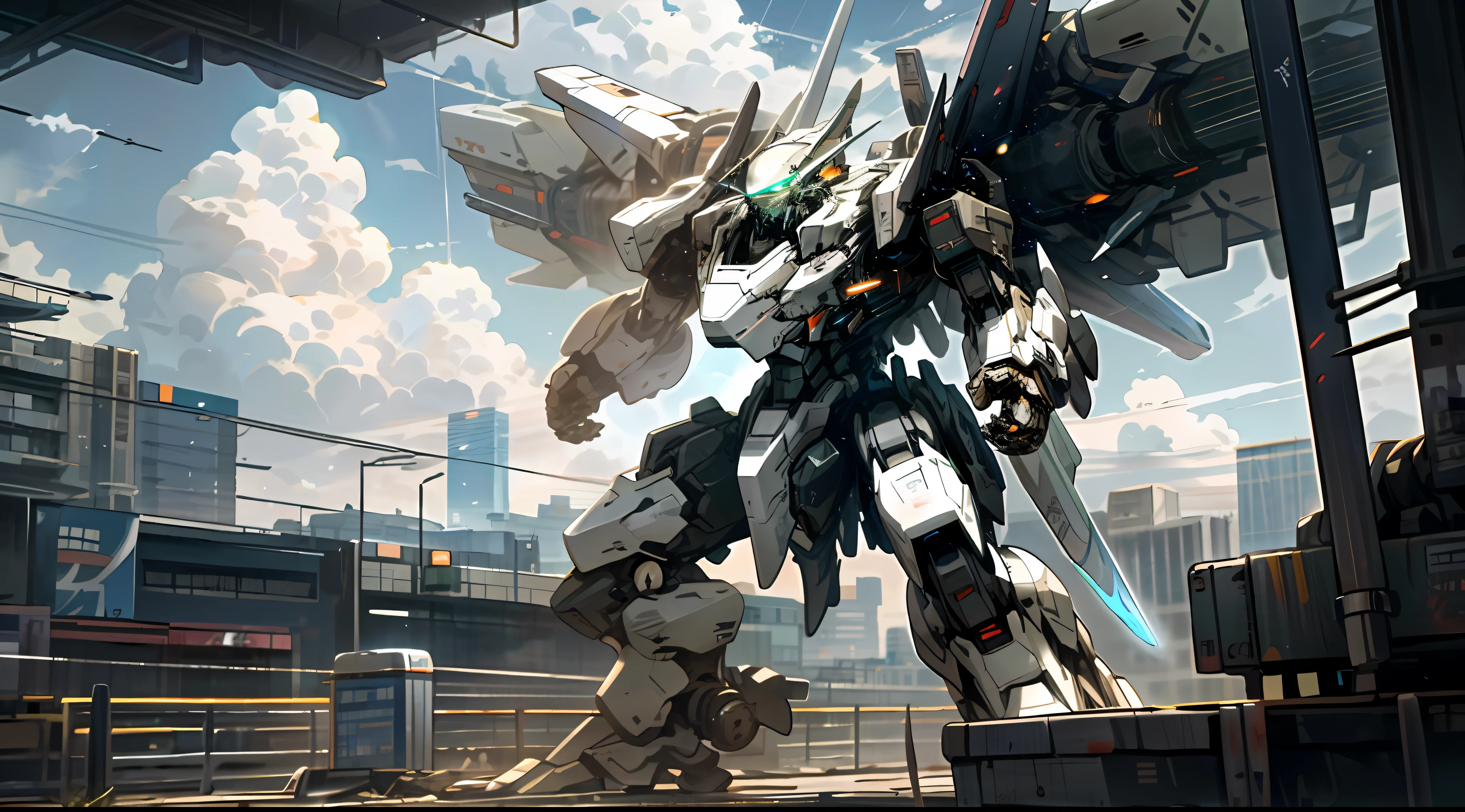 sky, cloud, holding_weapon, no_humans, glowing, , robot, building, glowing_eyes, mecha, science_fiction, city, realistic,mecha, combat aircrafts in sky