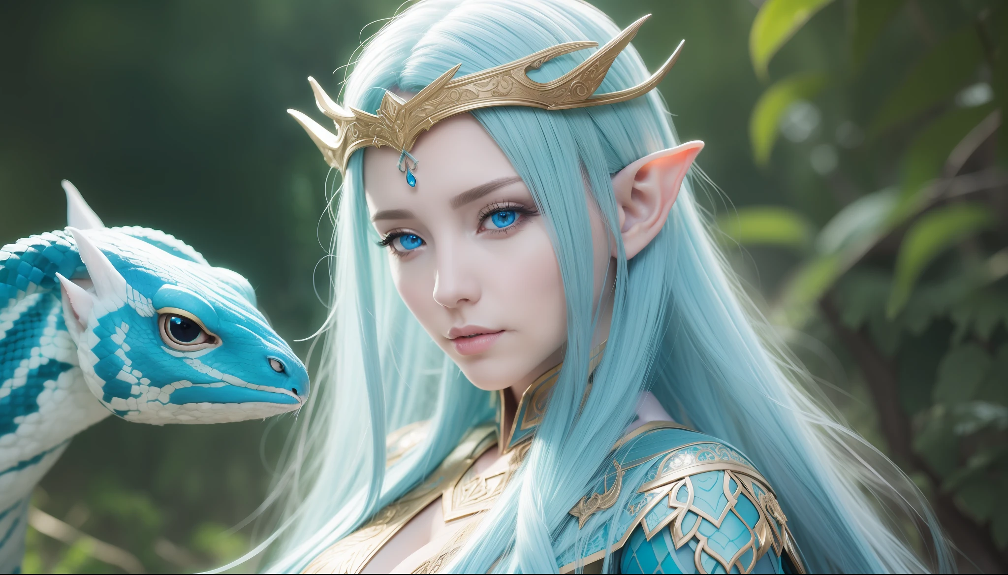 thumbnail, portrait, there is an elf woman of the maormer race with a snake and a snake on her chest, very beautiful elven top model, her skin is bluish and greenish,, her eyes are whitish, closeup costume with water magic, digital fantasy art, hyperrealistic fantasy art, blue skin elf, realistic fantasy illustration, trend digital fantasy art, detailed fantasy digital art, very cute elf portrait, realistic costume rendering, blue elf, fantasy digital art, one person only