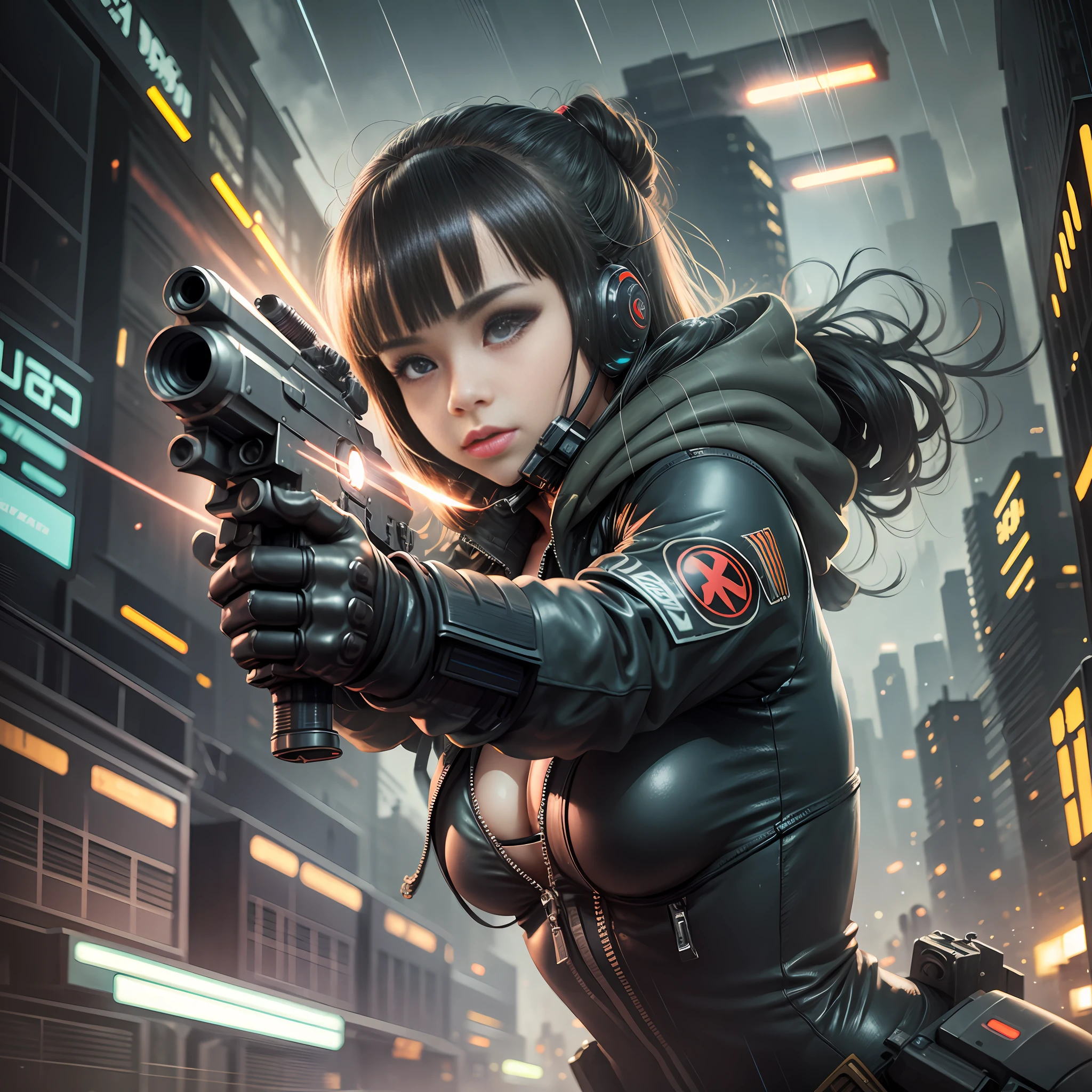 Blade Runner-like atmosphere, android girl, skeleton visible, girl shooting handgun, cleavage, muzzle point at viewer, muzzle flash, heavy rain, flash --auto --s2
