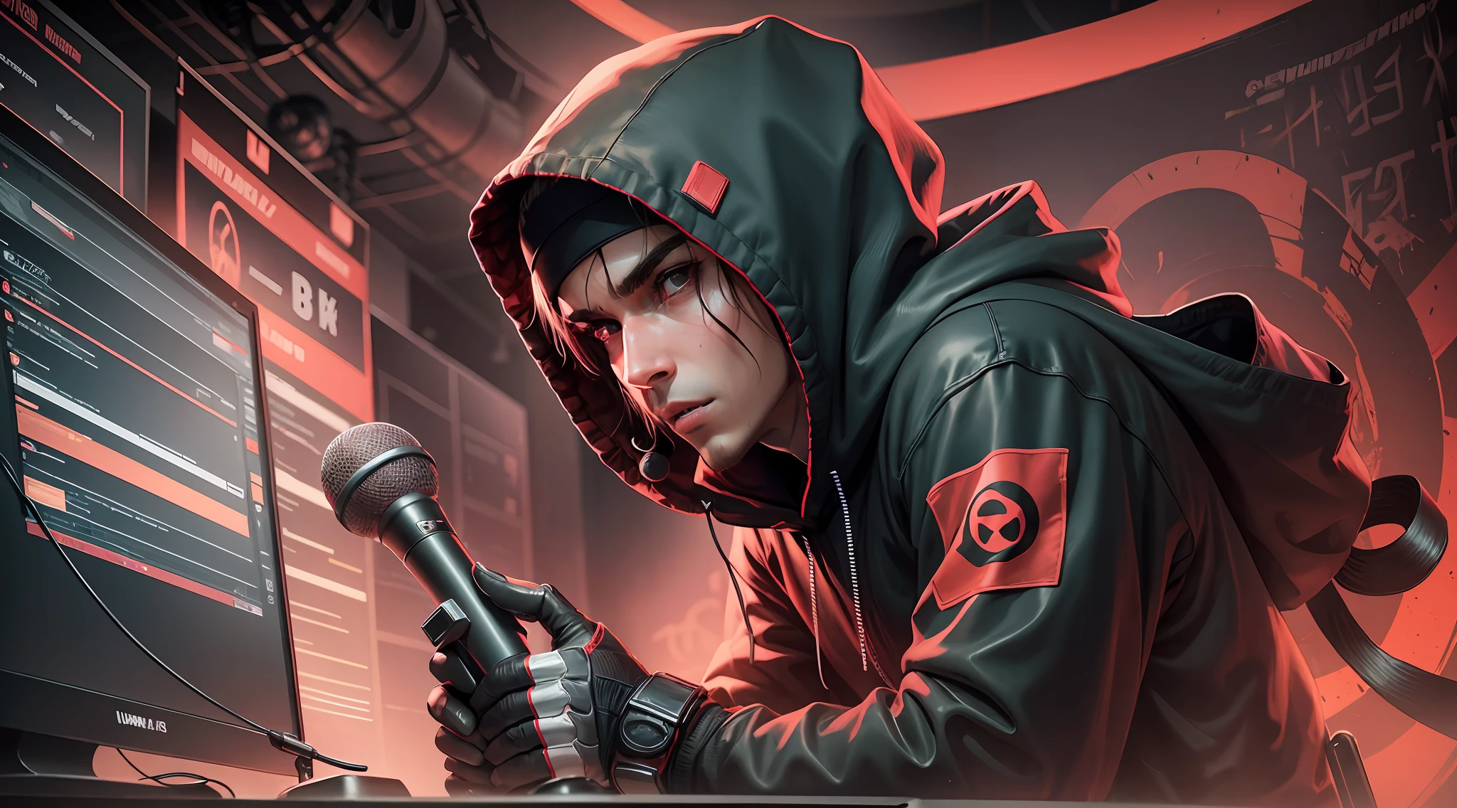 banner,a hooded ninja with headset, microphone near the mouth, facing camera, with a table in front of it a microphone and electronic equipment, dark theme red and dark colors