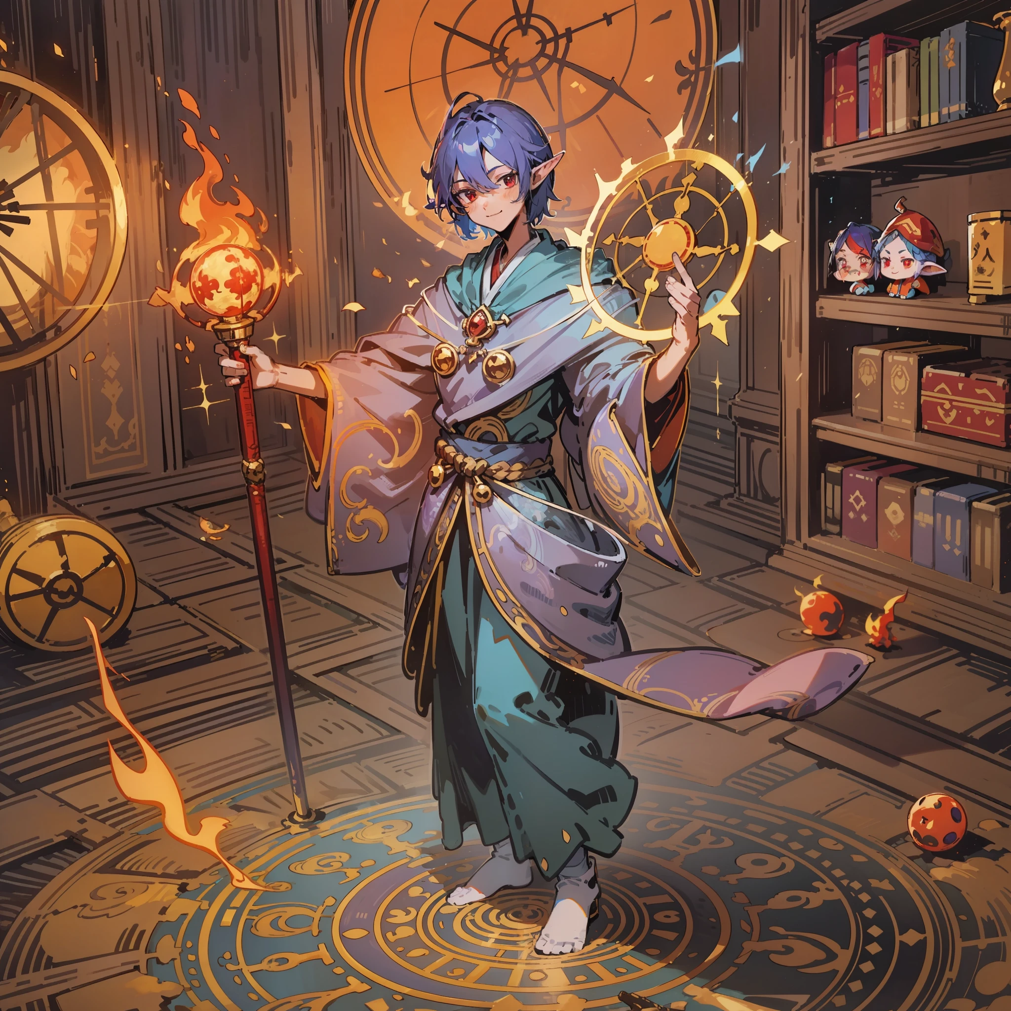 Flame man, boy, with a wizard hat that emits a faint blue-purple light, a fiery red flame in his hand, fiery red, eyes closed, stepping on a magic array under his feet, ripples, spinning, three soul skeletons protruding from his head, soul, ethereal, (back), (elves on the ground: 1.331), wind, dim, night, indoors, background is wizard library, tang clothes, a round of golden wheel sparkling behind the back, double eyelids, convex nose bridge, small mouth, smile, comics, ray tracing, detail, 4K, HD, high quality