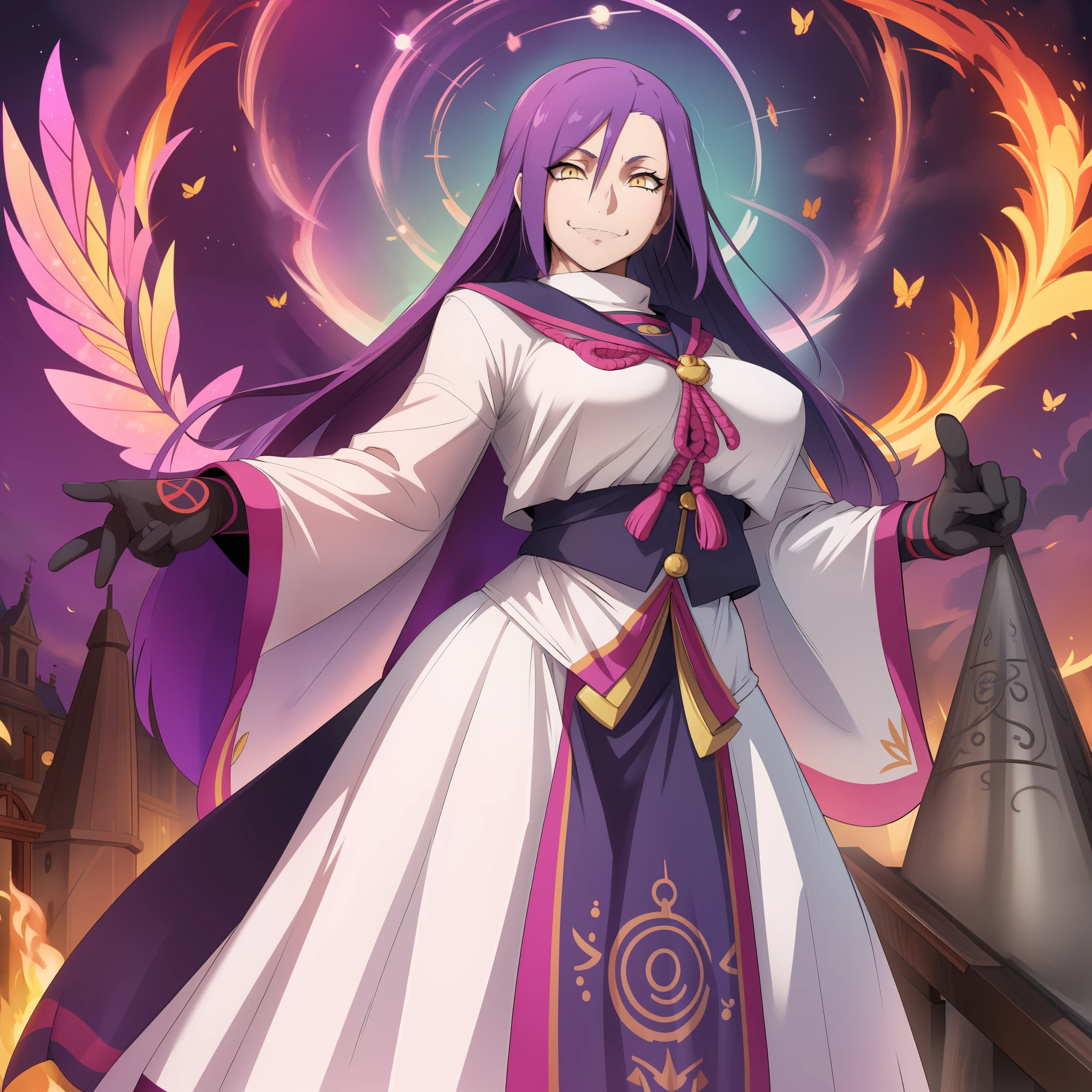 (masterpiece, best quality: 1.2), cowboy shot, solo, 1girl, chikujoin magane, sharp teeth, evil smile, looking at the viewer, hand on hip, simple braid, school uniform, serafuku, pleated skirt, thighs, (gloves: 1.1), huge chest, curved, female, fantastic goddess, there is a cartoon picture of a woman with a very large chest, a bright angelic being, a bright holy aura, inspired by Red Luma, the non-binary deity of spring, ethereal rainbow nimbus, the butterfly goddess of fire, inspired by Marie Angel, will have bright around her, astral fairy, like the sun goddess, "uwu the prismatic person, big breast, happy, beautiful eyes, whole body, walking, long dress, long dre, , nun, priestess, saint, body of venus, curve, huge chest, forest, long skirt, coat, very long skirt, coat, europe, france, french, tights, long dress, modest, pantyhose, priestess