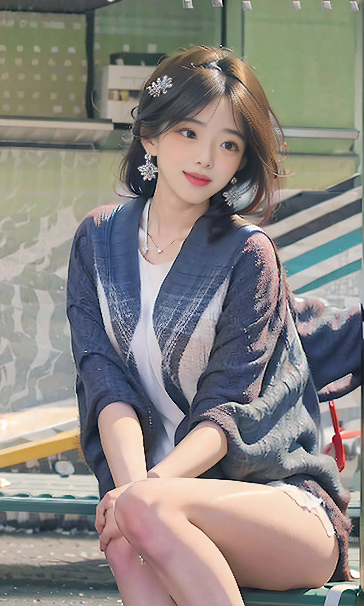 "Ultra-high detail glossy RAW photos showing beautiful faces and skin textures, beautiful double eyelids and shawl long hair, amazing eyelashes and shiny skin, perfect depth of field and color art, showing the goddess of tranquility and happiness (full body), bold beautiful legs, with snowflake hair accessories and crescent earrings."