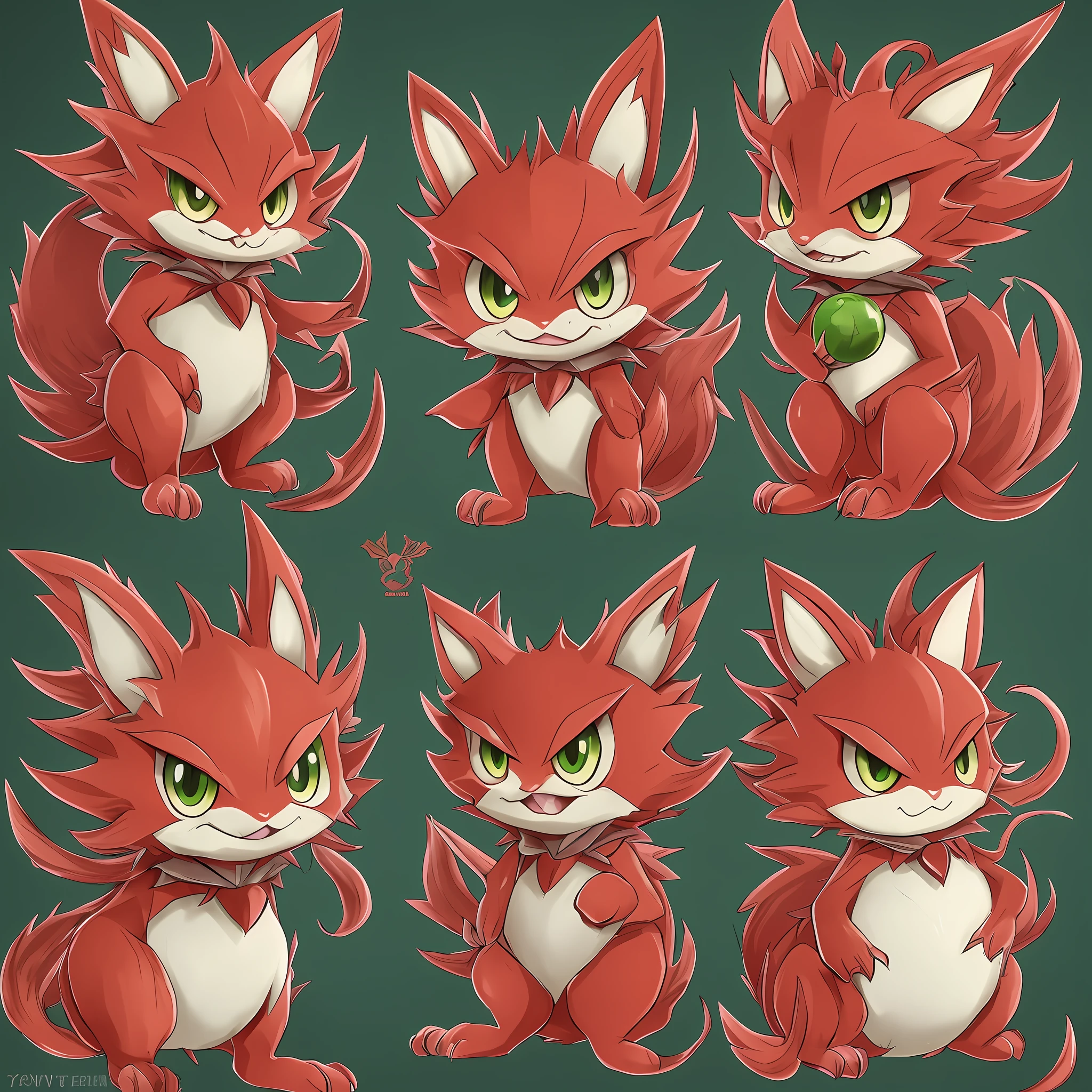 Fantasy animal, Pokemon style, Drawn Anime style, Pointy teeth with cute appearance, has four legs, is lying, has very large green eyes, He has red hair and his theme is a tomato, cute tomato monster, cute, childish and realistic appearance, 4K --auto --s2
