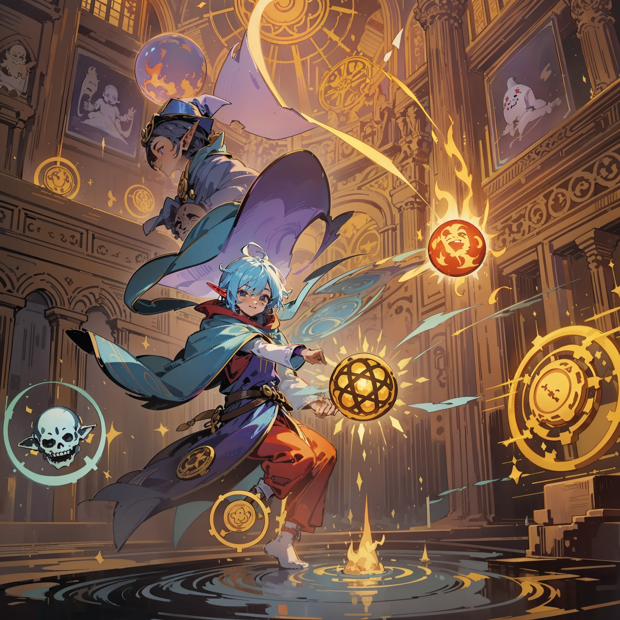 Flame man, boy, with a wizard hat that emits a faint blue-purple light, a flame in his hand, eyes closed, stepping on a magic array under his feet, ripples, spinning, three soul skeletons protruding from his head, soul, ethereal, (back), (elf: 1.331), wind, dim, night, indoors, wizard library in the background, tang clothes, a round of golden wheels sparkling behind the back, double eyelids, convex nose bridge, small mouth, smile, comics, ray tracing, detail, 4K, HD, high quality