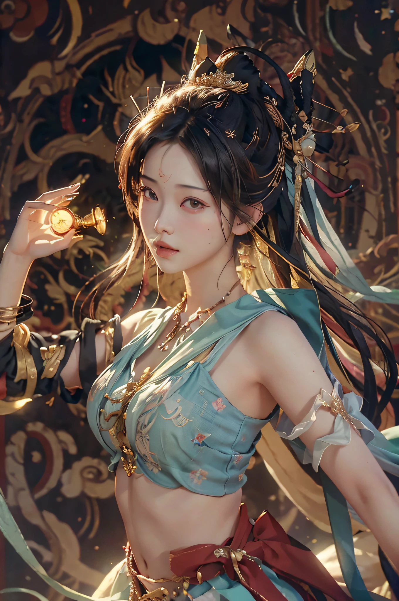 nsfw, (RAW Photo, Best Quality), (Realistic, Photo Realistic: 1.3), Best Quality, Highly Detailed, Masterpiece, Ultra Detailed, Illustration, 1 Girl, upper_body, Dynamic Angle, World Masterpiece Theater, messy_long_hair, Best Quality, Extremely Detailed CG Unity 8k wallpaper, ink, amazing, flying, frontal, full body, cinematic lighting, lens_flare, dunhuang_style,