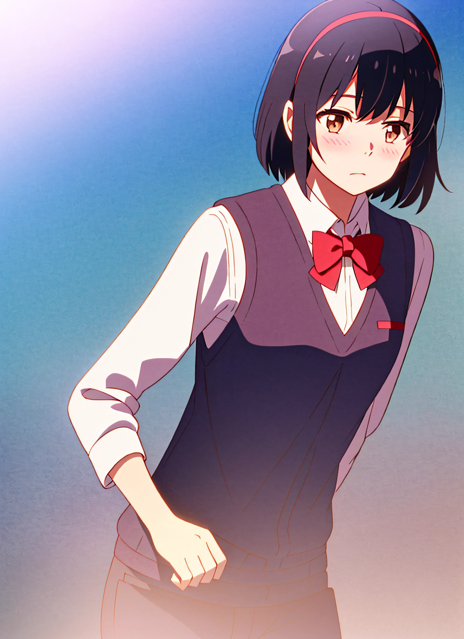 Shinkai Seikaze, high quality CG wallpaper, 1 girl, black hair, brown eyes, bangs, bow tie, camera gaze, blue sky, blush, red hairband + red bow tie + red ribbon, shirt with white collar, sweater vest, short hair, sky, solo, negative space, light, shade, landscape, special scene.