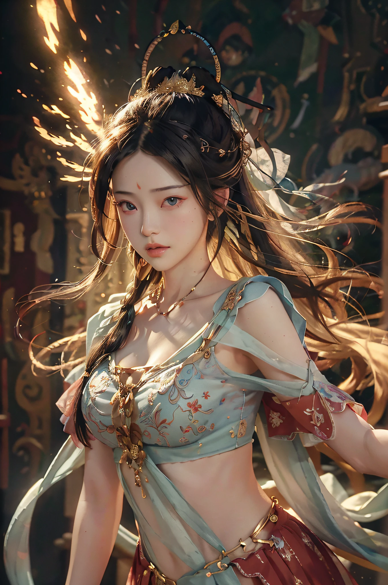 nsfw, (RAW Photo, Best Quality), (Realistic, Photo Realistic: 1.3), Best Quality, Highly Detailed, Masterpiece, Ultra Detailed, Illustration, 1 Girl, upper_body, Dynamic Angle, World Masterpiece Theater, messy_long_hair, Best Quality, Extremely Detailed CG Unity 8k wallpaper, ink, amazing, flying, frontal, full body, cinematic lighting, lens_flare, dunhuang_style,