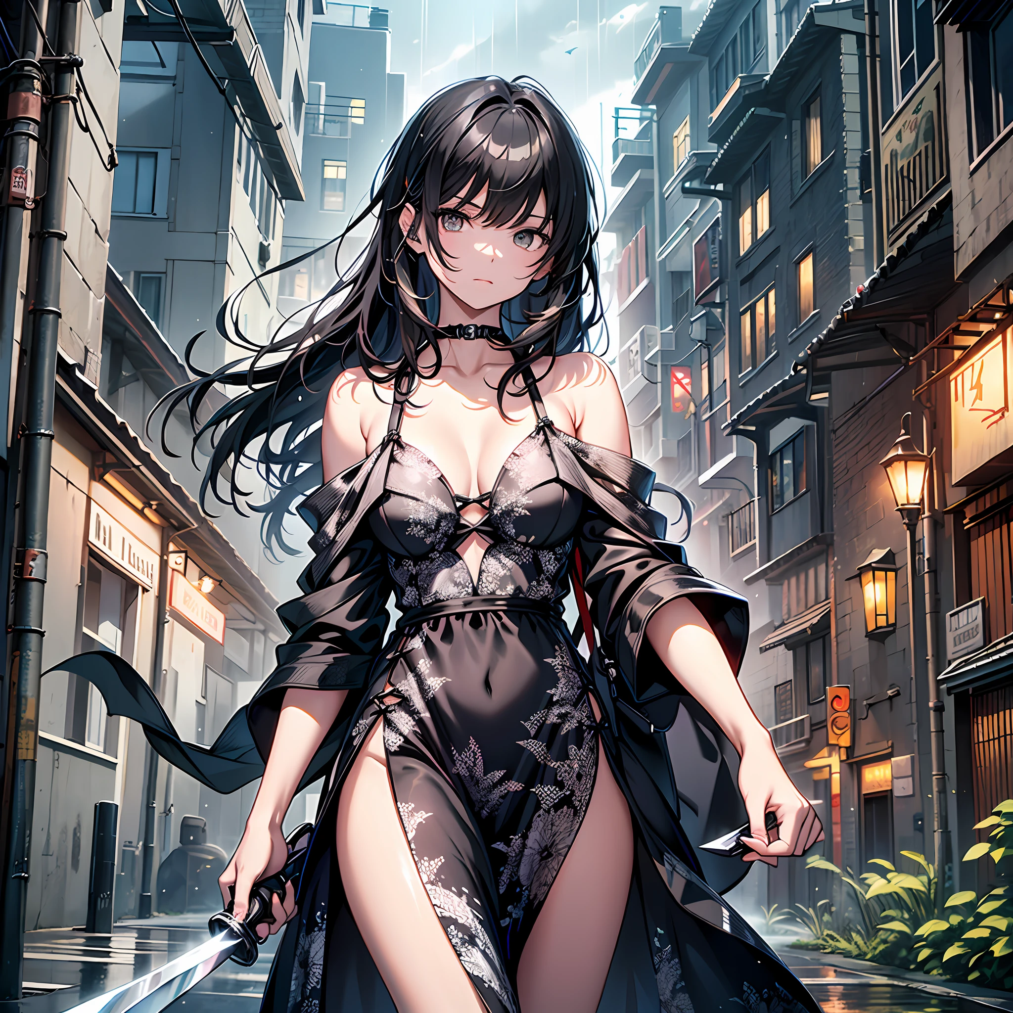 (painting), high definition, rich in detail, cool tone, (-yeld bl-haired girl holding a silver and white dragon pattern Tang knife:1.2, wearing a black slip dress, soaring in the night), strolling under the night scene, the shadows of the building and the rainy night lights intermingle, bringing out a sense of desolation and despair, emphasizing the sense of danger and indifference. --auto --s2