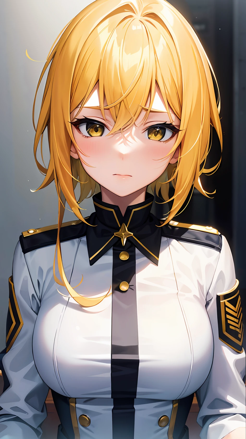masterpiece, highly best quality, colorful, a woman, (adult uniform), (gal), (emotionless face), yellow hair, high contrast shiny oily skin, medium breasts, sfw , portrait,