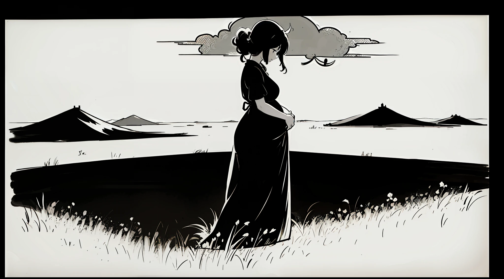 silhouette of a pregnant woman, on her farm, simple strokes, minimalist, in black and white, only silhouette, Drawing of an abstract landscape in oriental style ink painting as practiced in the