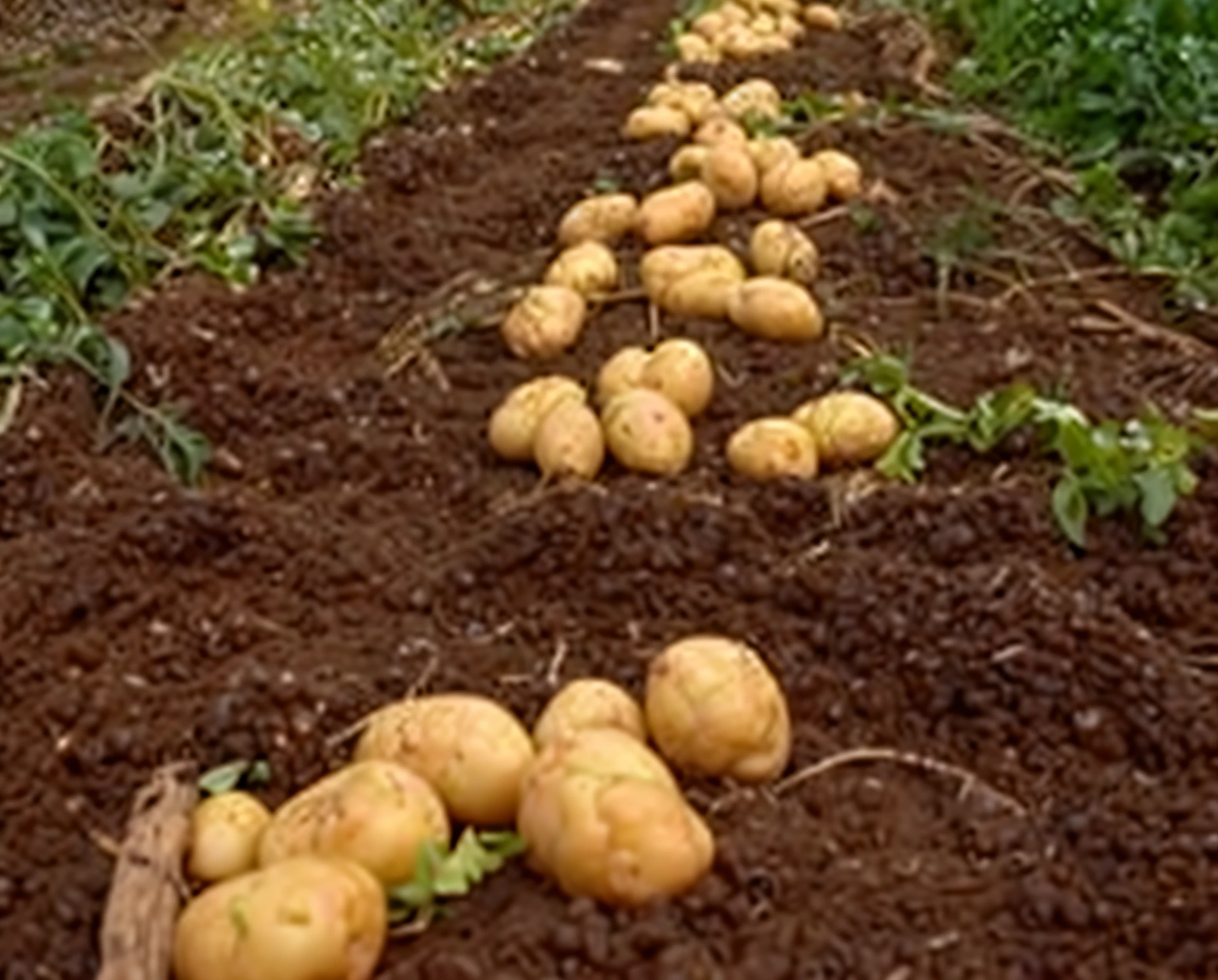 arafed row of potatoes on a field with a dirt path, potatoes, potato, in rows, v tuber, mash potatoes, nitrogen-rich soil, warts, rhizomorphs, lush fertile fecund, crisp image, high quality image”, dug stanat, humus, soil, organics, portrait!!!!, growths, permaculture