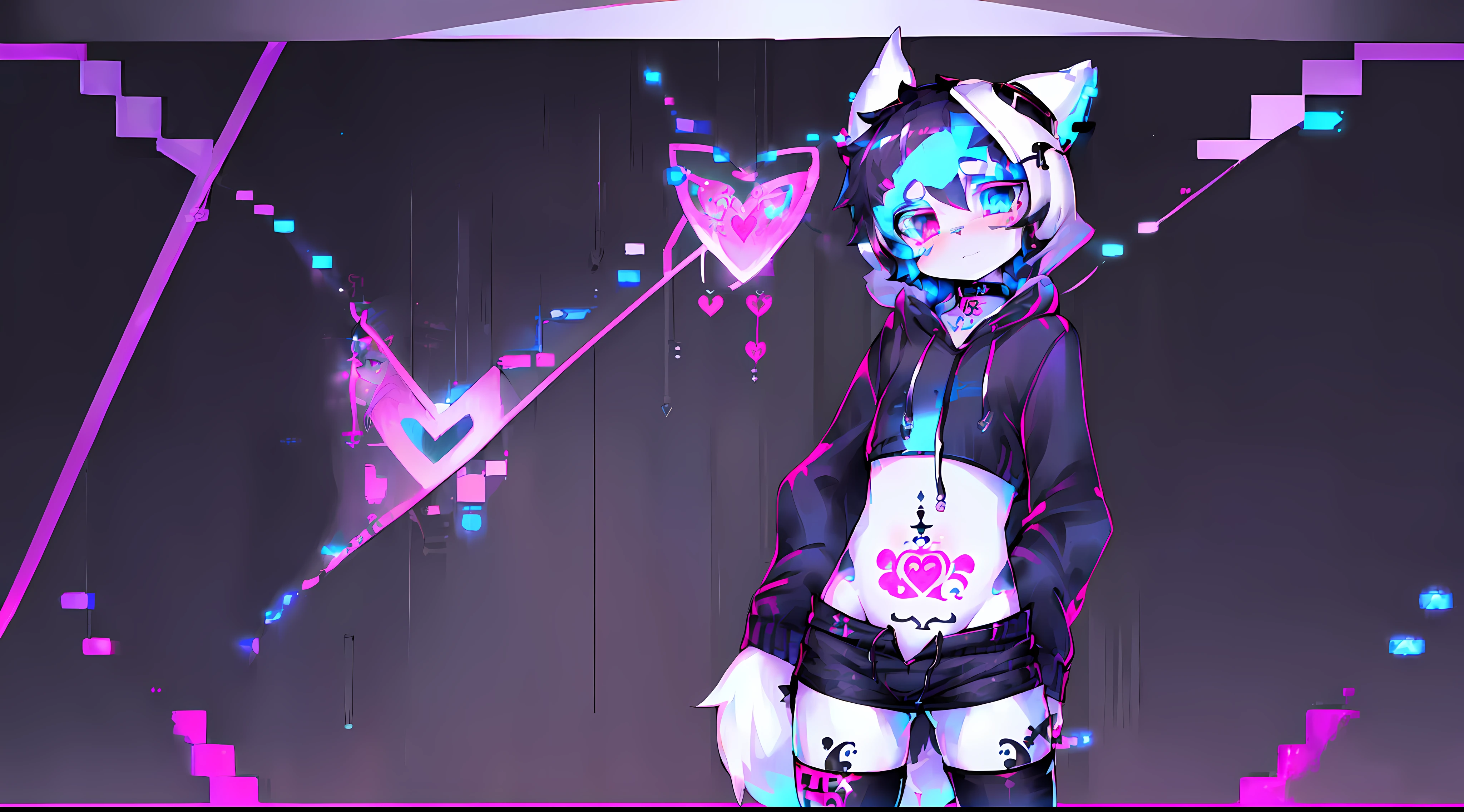 Black Fox, ((Black body, White Body:1.5)), (((masterpiece))), collar, (Dragon Wings:1.45), (headphones:1.4), short hair, black hair, blush, (headphones:1.55), ((Thigh High Socks, Femboy Clothing, Femboy Femboy Thigh Highs:1.2)), ((blue eyes, pink eyes:1.55)), (((Femboy))), full body, ((womb tattoo, glowing tattoo:1.52)), ((guy look like womens:1.52)), (fox tail:1.52), Full HD, 8K, ((short pant, Hoodie crop:1.52)), small breasts