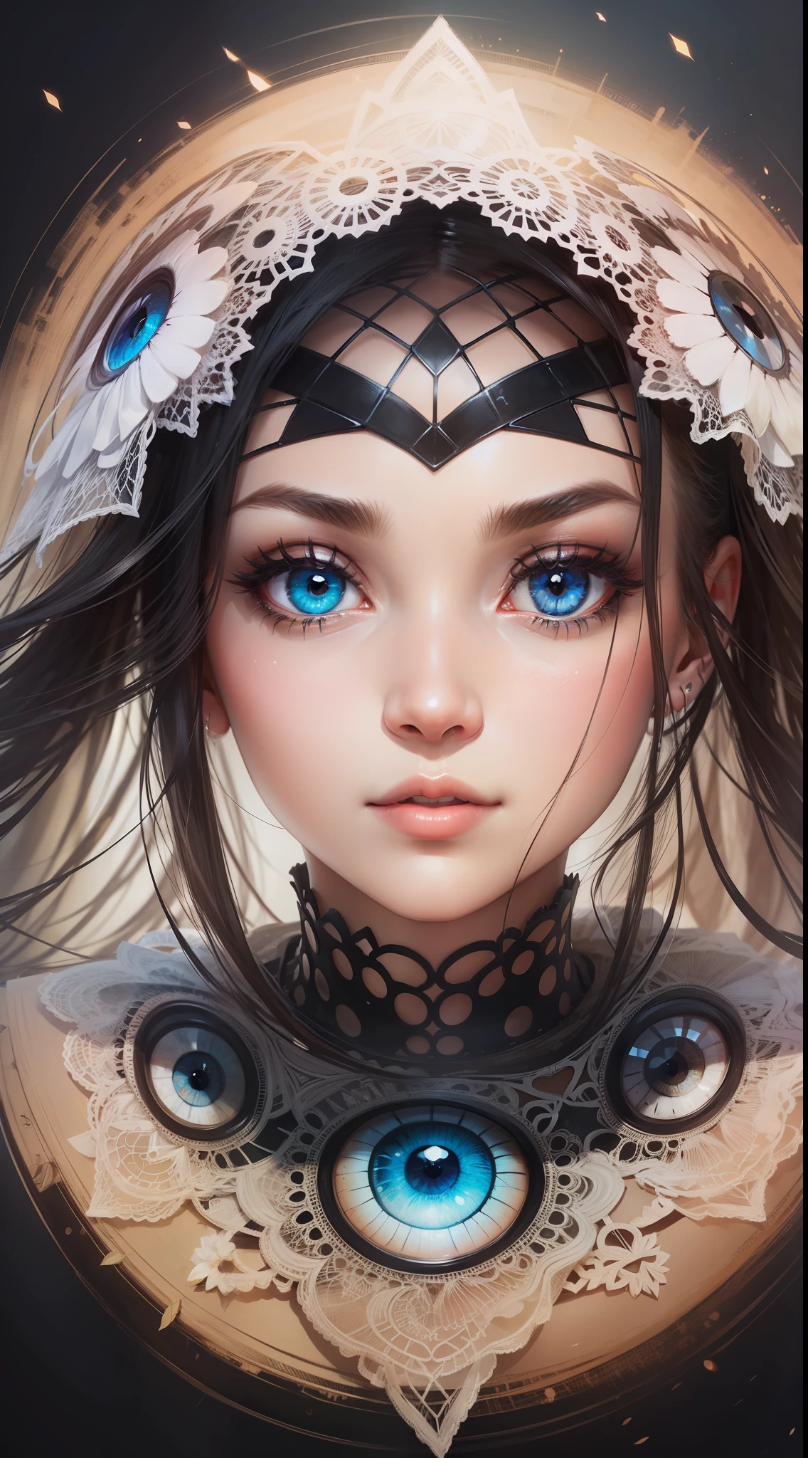 face of a beautiful woman, perfect symmetrical eyes mirroring the beauty of the world