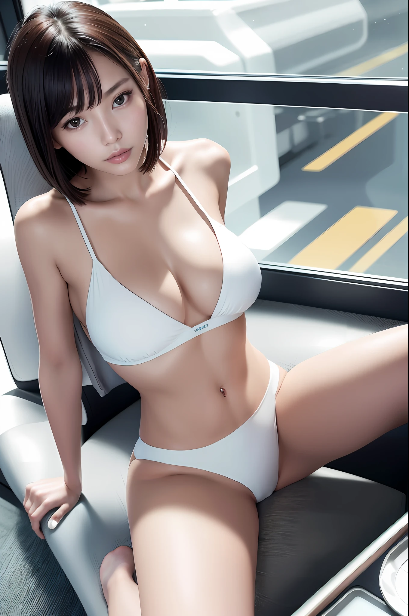 CG Unity Ultra Realistic 8K Wallpaper, Masterpiece, Stunningly Beautiful, High Definition, Korean Beauties, | (slim and fit)) 20 year old fresh model, on train, diagonal, sitting, (dynamic pose, elegant posture), (casual style) | (Smart Casual), (Long Hair | (bob cut), gorgeous face, sparkly eyes, wet white bikini, three, constriction clearly