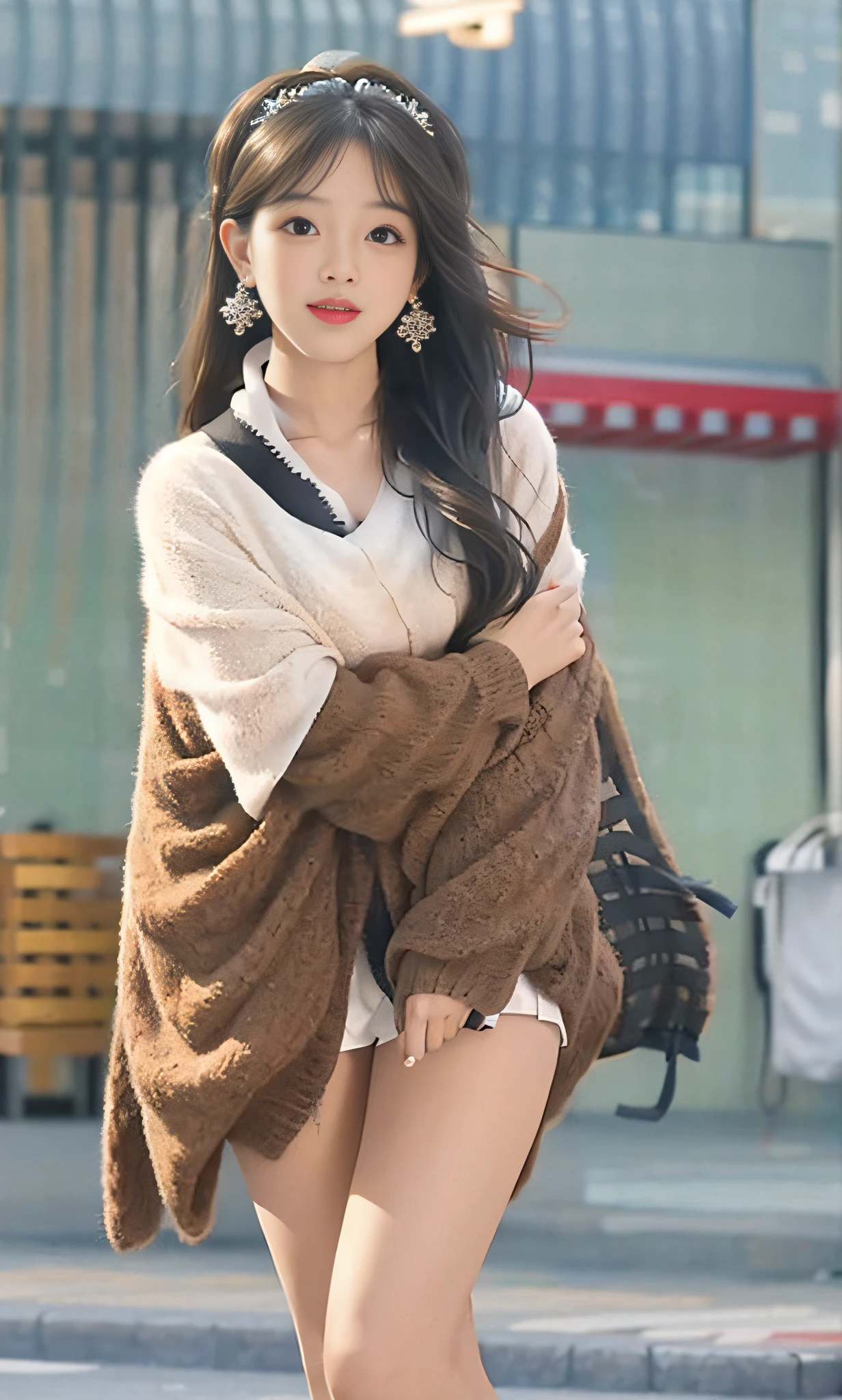"Ultra-high detail glossy RAW photos showing beautiful faces and skin textures, beautiful double eyelids and shawl long hair, amazing eyelashes and shiny skin, perfect depth of field and color art, showing the goddess of tranquility and happiness (full body), bold beautiful legs, with snowflake hair accessories and crescent earrings."