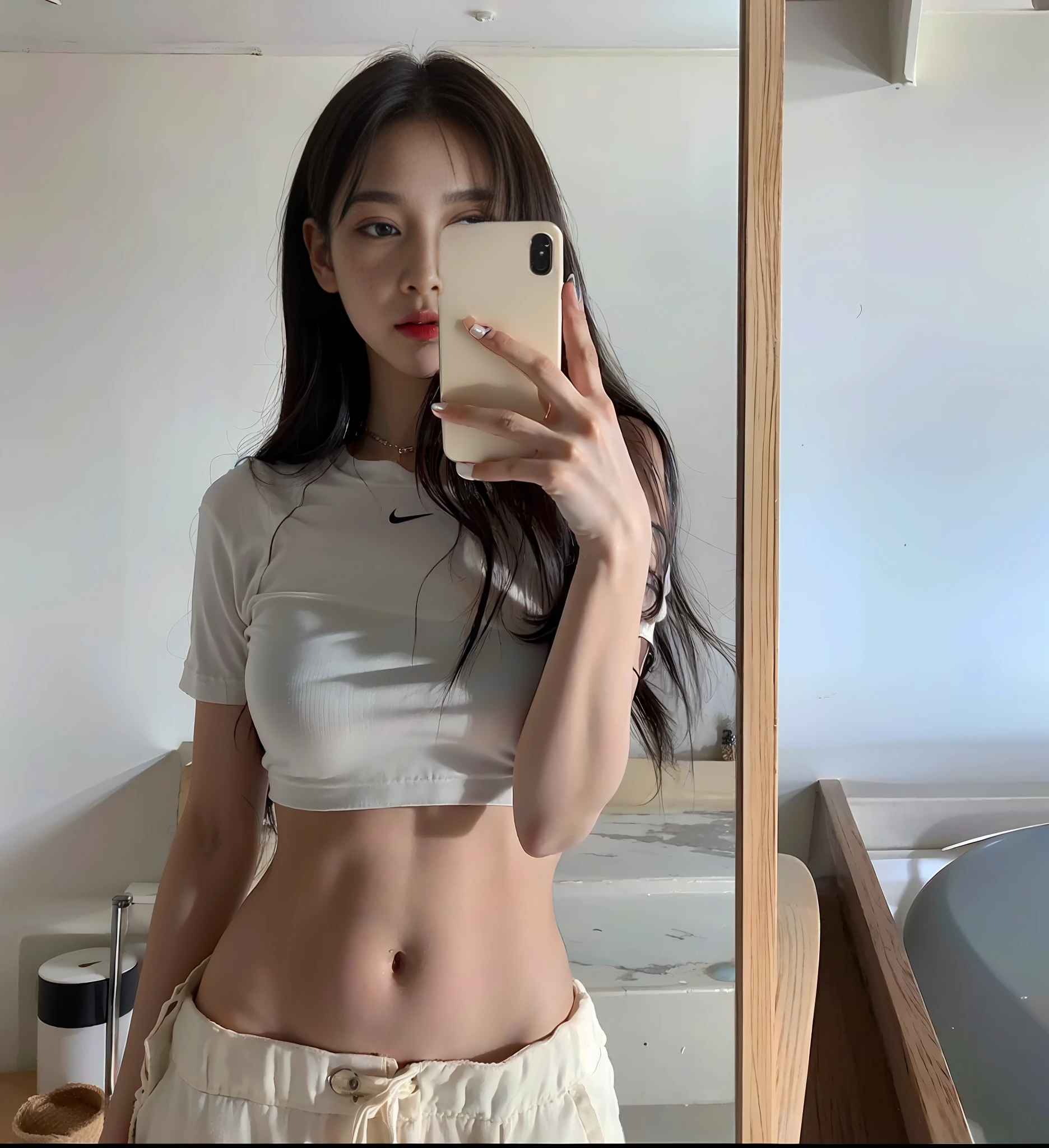 Woman taking selfie in bathroom mirror, photo of slim girl, thin waist, slim girl model photo, thin waist and thick hips, crop t-shirt with torn Nike mark, thin waist, navel exposed, thin waist, slim waist, kpop idol, aespakarina, gorgeous young korean woman, korean girl, young woman, She is Korean, cute young woman, beautiful Korean woman, very detailed face and skin texture, very detailed face, very detailed eyes, very detailed skin, very detailed nose, very detailed detailed mouth, perfect anatomy, highly detailed background, detailed black eyes, seductive 20 year old Korean beauty, one black dot at the bottom left of the lip, thin silver necklace, Nikon RAW photo, 8k, Fujifilm XT3, (highest quality, 16K, Masterpiece: 1.3)), Sharp Focus: 1.2, Real