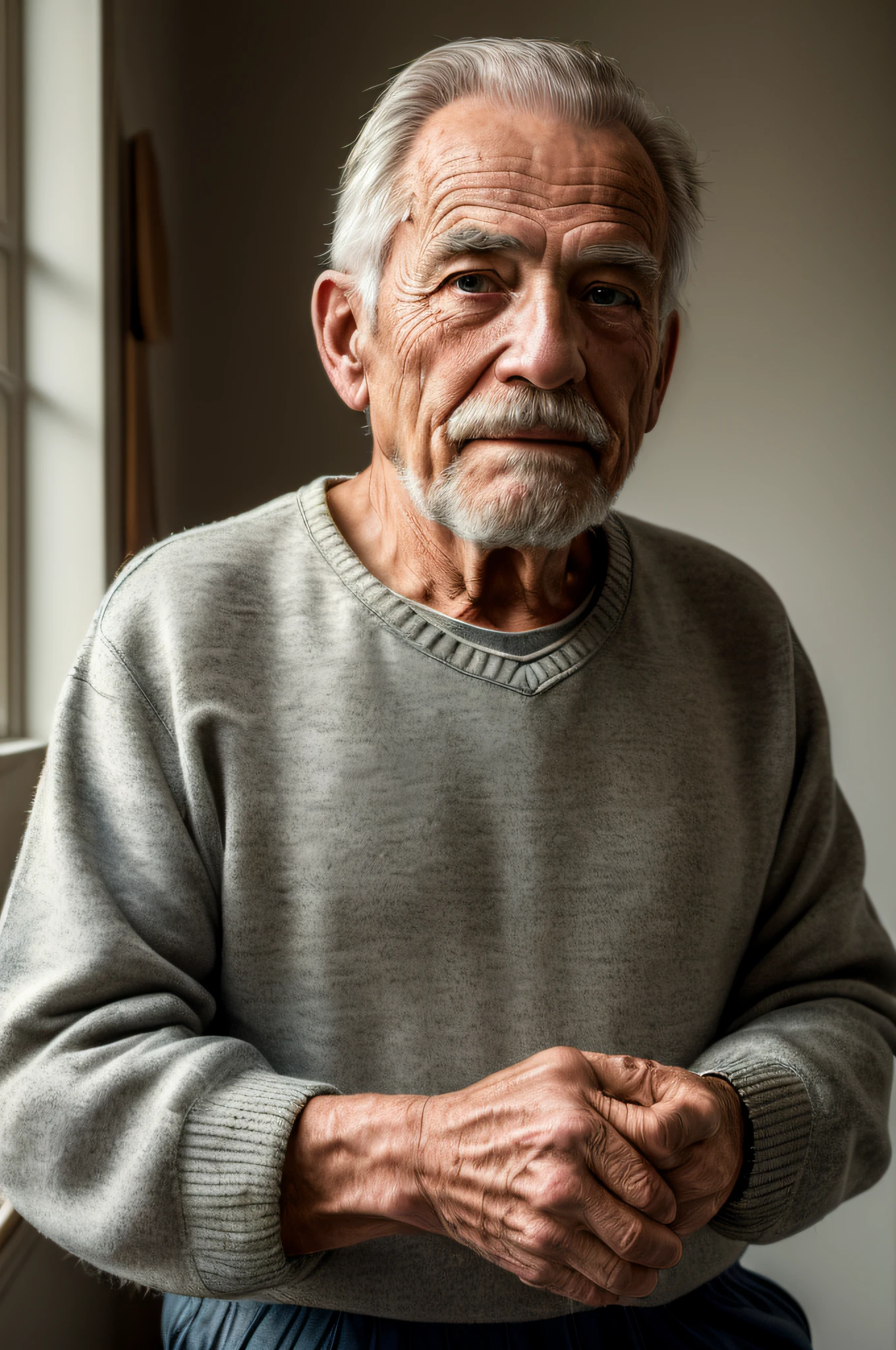 (masterpiece, photorealistic, raw,:1.4), (extremely intricate:1.2), close up, cinematic light, sidelighting, ultra high res, best shadow, RAW, upper body, old man, wearing pullover,
