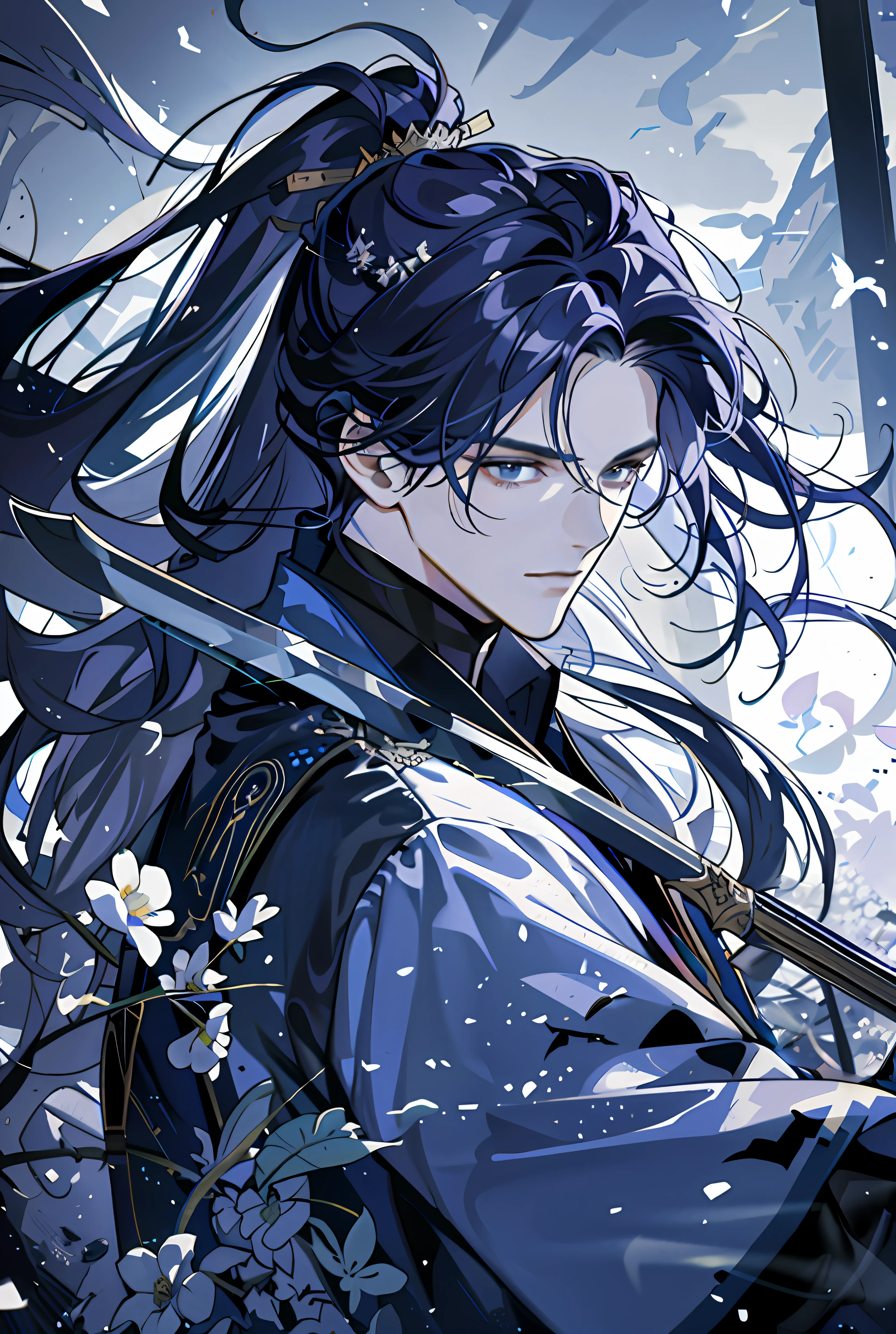 Holding the hilt of the sword in his hand