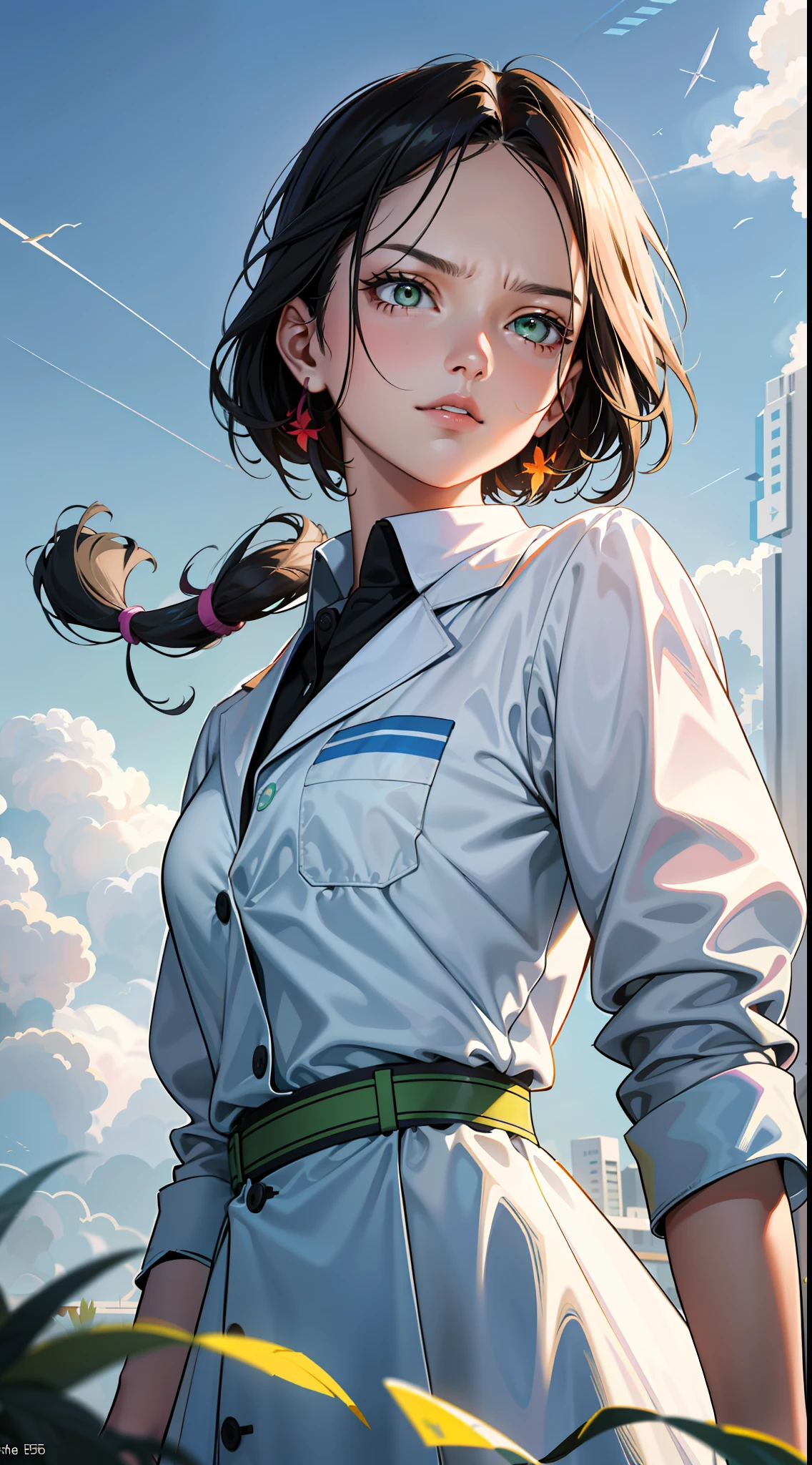 Movie Poster,Single,Most Real,Full Resolution,Face Resolution,((Hair tie : 1.5)),Science Fiction,Sci-Fi,Movie Based Foundation,View from the front,Angry,(39-year-old middle-aged woman : 1.5),Black Hair,Light Green Eyes,(Squint:1.3),(Reference a set of white scientists) :1.6 ),Filed in the middle of an open meadow with a breeze blowing, the highest quality image.