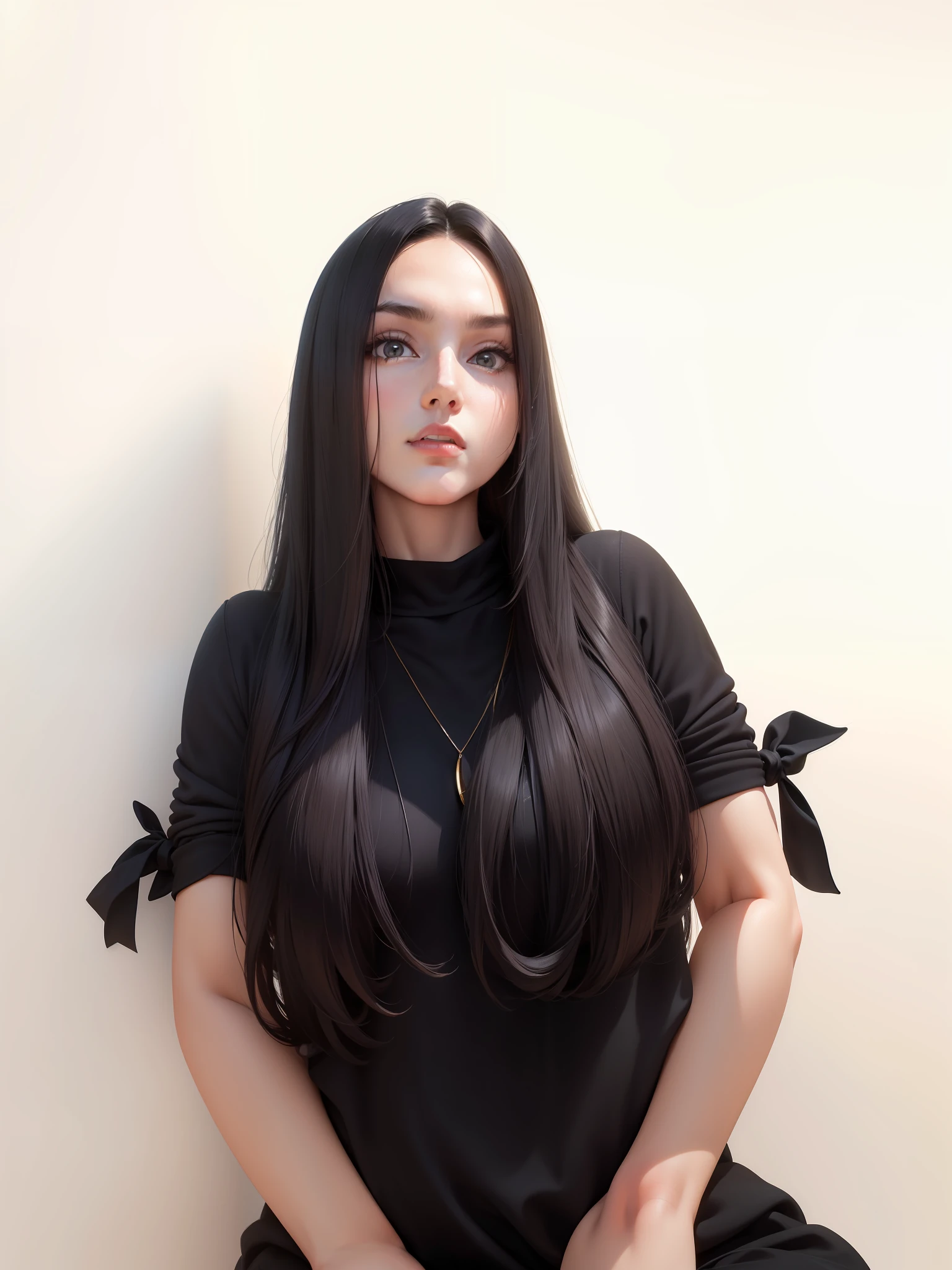 (Best quality, 8k, 32k, masterpiece, UHD: 1.2), photo of beautiful woman, long straight black hair, upper body, face focus, oversized_sweater, necklace, simple background, from above, looking at the viewer,