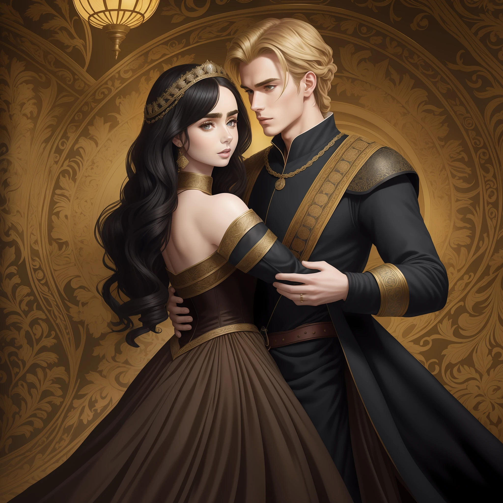 Lily Collins, who has curly black hair, wears a medieval dress. the Neels Visser wears a medieval military outfit and has blonde hair. The couple is waltzing in the ballroom. The illustration is like a book cover with a detailed, bright, illuminated, ultra detailed background, conceptual art, elegant, Samyang art