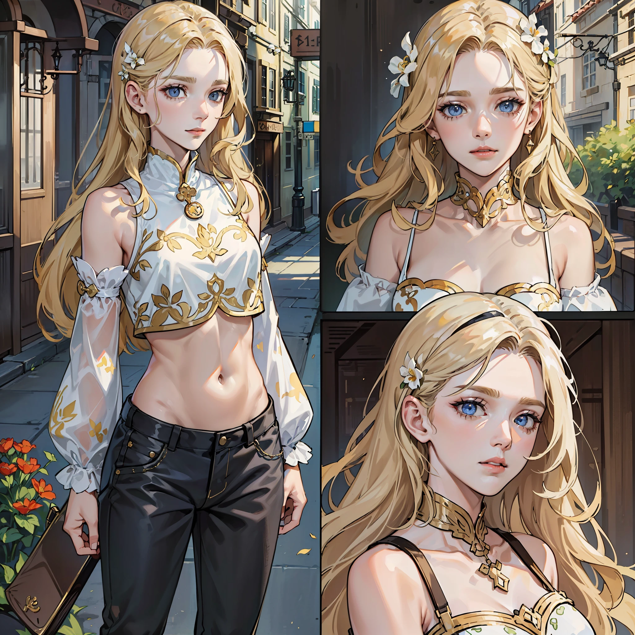 ((Best quality, 8K, masterpiece: 1.3)), (Floral: 1.3), Focus: 1.2, Perfect body beauty: 1.4, (Layered haircut: 1.2)), (Dark street: 1.3), Highly detailed face and skin texture, full body, delicate eyes, double eyelids, bleached skin, long hair, (round face: 1.5), (loose crop top, pants }lengths: 1.6)