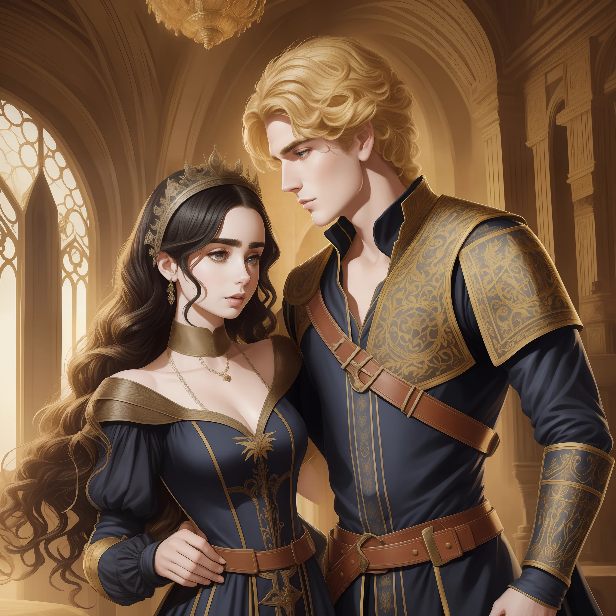 Lily Collins, who has curly black hair, wears a medieval dress. the Neels Visser wears a medieval military outfit and has blonde hair. The couple is waltzing in the ballroom. The illustration is like a book cover with a detailed, bright, illuminated, ultra detailed background, conceptual art, elegant, Samyang art