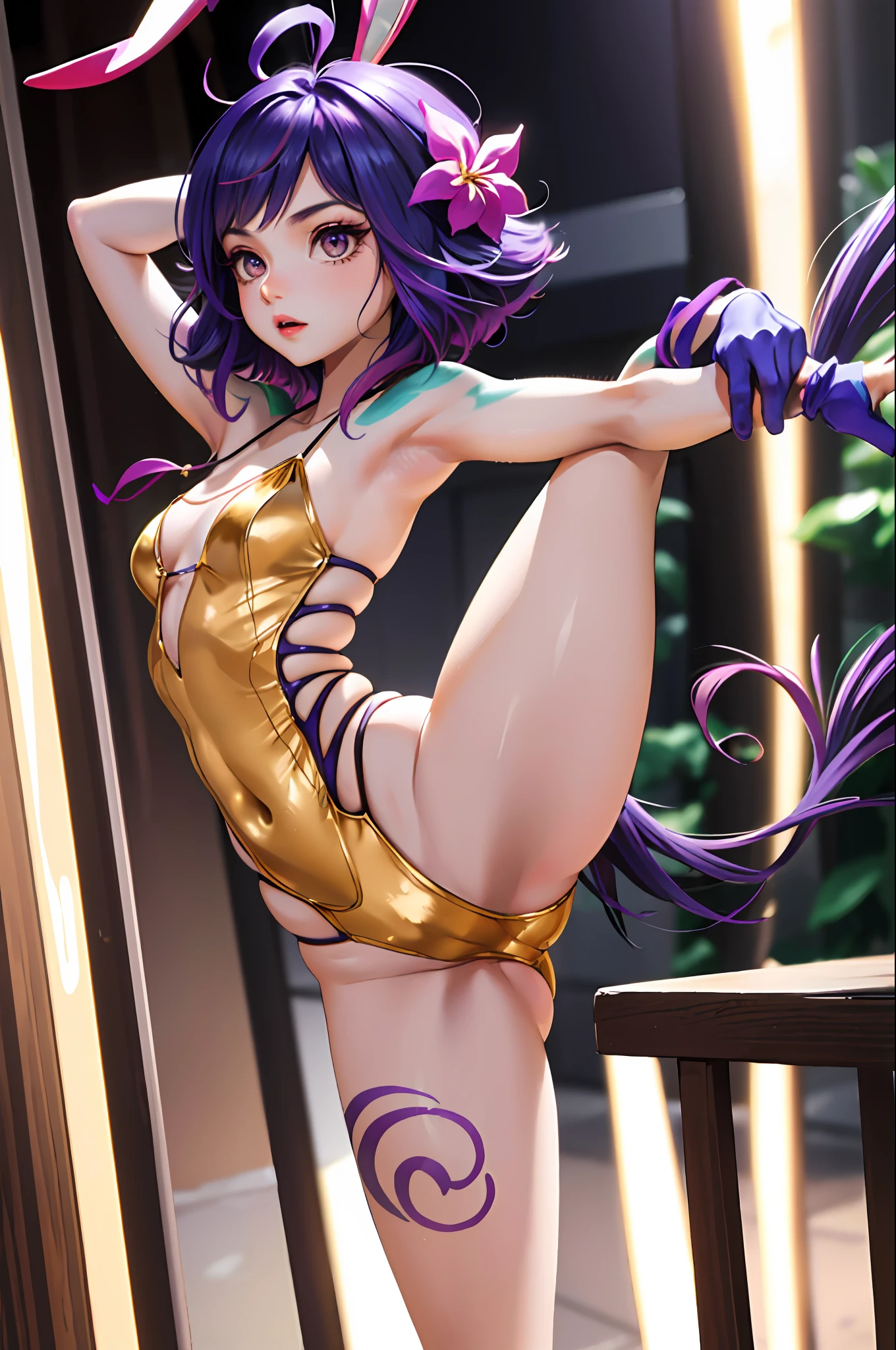 ((Cinematic light, Best quality, 8k, Masterpiece :1.3)), 1girl, Beautiful woman with thin abs :1.4, (purple hair, small breasts :1.3), rope panties, bra :1.2, hopefully falling, seductive open lips, sofa, ultra-detailed face, detailed eyes, double eyelidwork, best quality, Neeko, hair ornaments, hair flower, body paint, calango tail, trying to be sexy,(( golden bunnysuit)),  showing sweaty armpits, steamy, sexual teasing, ((standing split)), fight position, hands shining purple, see-through bikini,