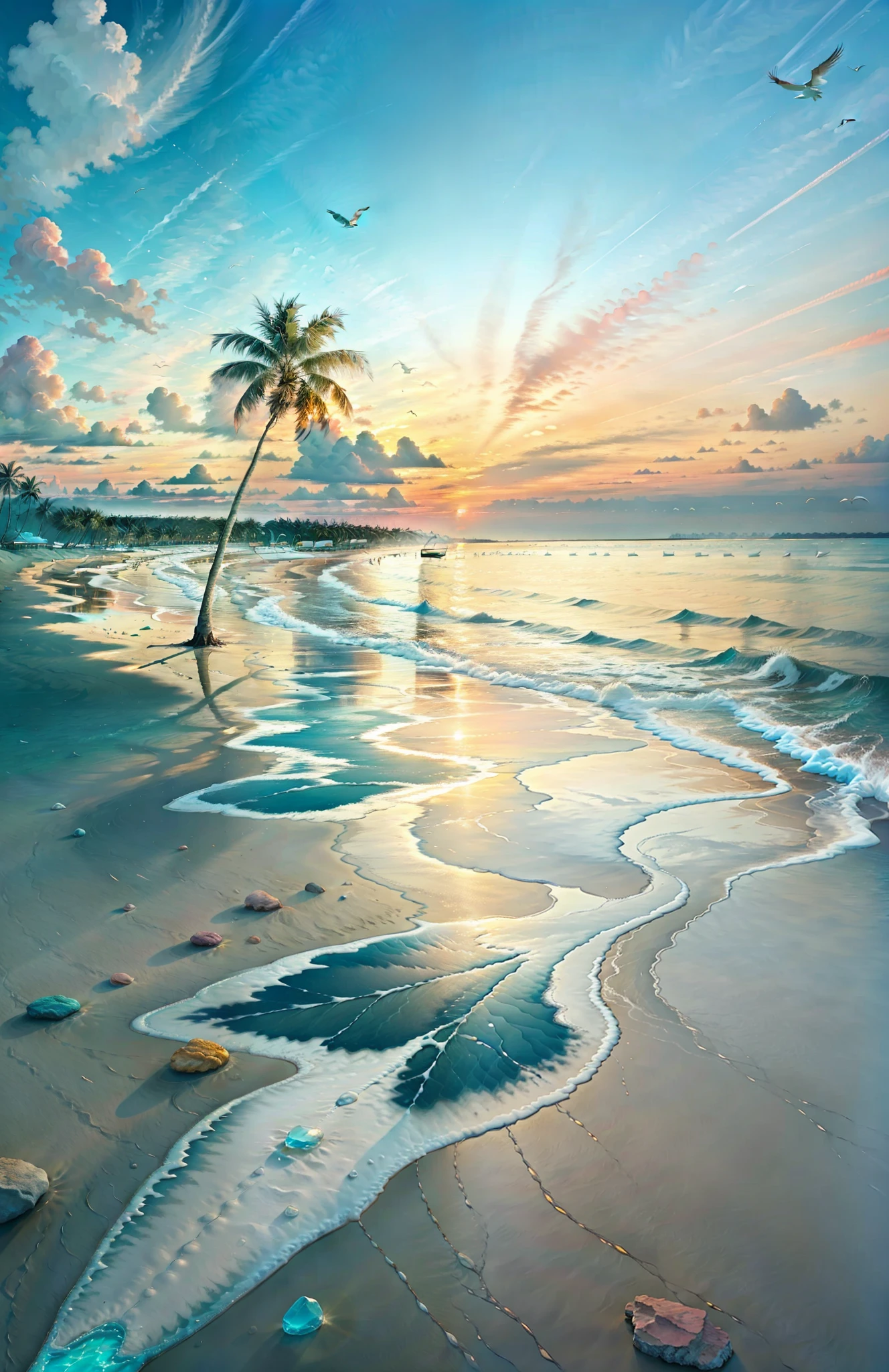 The beach is covered with colorful transparent smooth stones: 1.5, an absolutely mesmerizing sunset on the beach with a mix of orange, pink and yellow in the sky. The water is crystal clear, gently kissing the shore, and the white sand beach stretches as far as the eye can see. The scene is dynamic and breathtaking, with seagulls soaring high in the sky and palm trees gently swaying. Soak up the calming atmosphere and let tranquility envelop you.