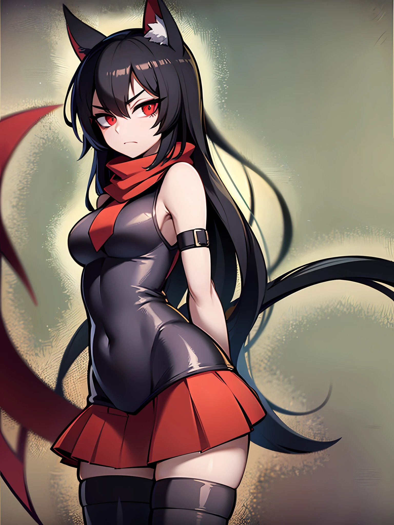 nekomimi girl, kunoichi, detailed arms, elongated arms, cat ears, tail, tall woman, black hair, red eyes, detailed hands, detailed feet, high quality colored sketch, red background, ultra detailed, 8k resolution, brown leather vest, brown skirt, no shoes, standing, red scarf, ninja accessories, deep shadows, sharp focus, yandere, dynamic angle, sadistic expression, empty eyes