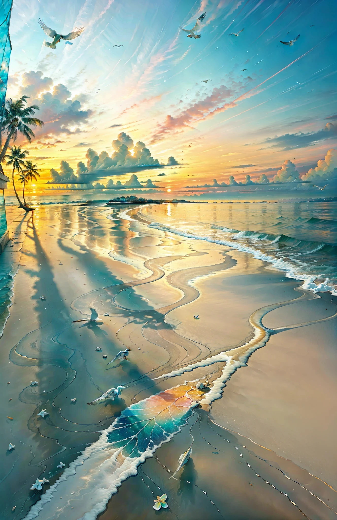 The beach is covered with colorful transparent smooth stones: 1.5, an absolutely mesmerizing sunset on the beach with a mix of orange, pink and yellow in the sky. The water is crystal clear, gently kissing the shore, and the white sand beach stretches as far as the eye can see. The scene is dynamic and breathtaking, with seagulls soaring high in the sky and palm trees gently swaying. Soak up the calming atmosphere and let tranquility envelop you.