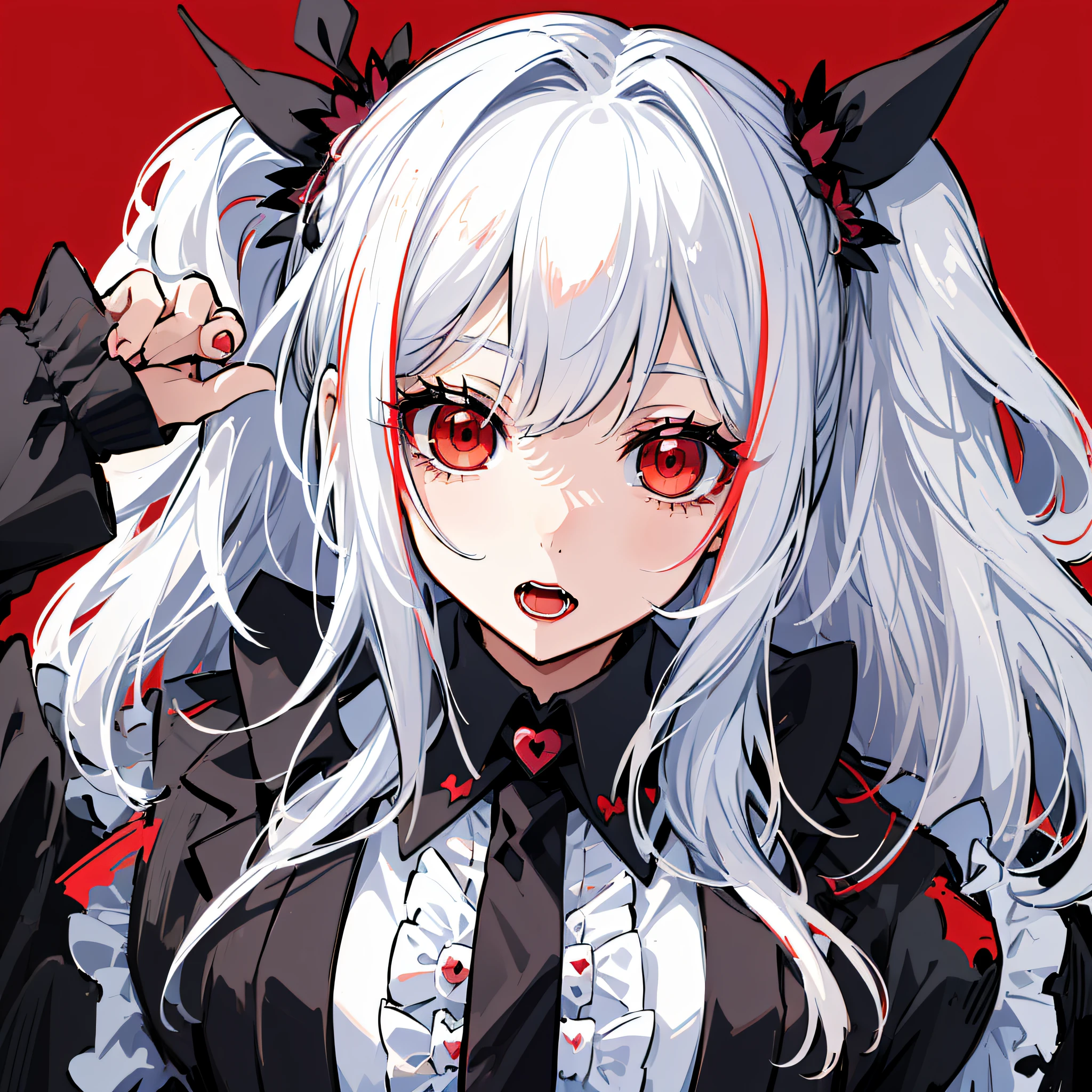 ((cute + **** + vampire + black and red color scheme), white hair: 0.9, ultra-detailed, kawaii dynamic pose, ultra-detailed clothing, twilight, blue background)