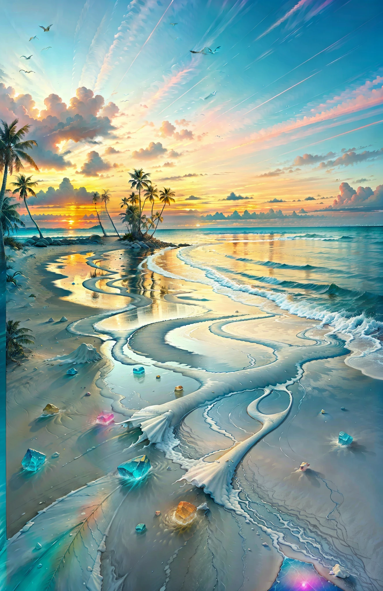 The beach is covered with colorful transparent smooth stones: 1.5, an absolutely mesmerizing sunset on the beach with a mix of orange, pink and yellow in the sky. The water is crystal clear, gently kissing the shore, and the white sand beach stretches as far as the eye can see. The scene is dynamic and breathtaking, with seagulls soaring high in the sky and palm trees gently swaying. Soak up the calming atmosphere and let tranquility envelop you.