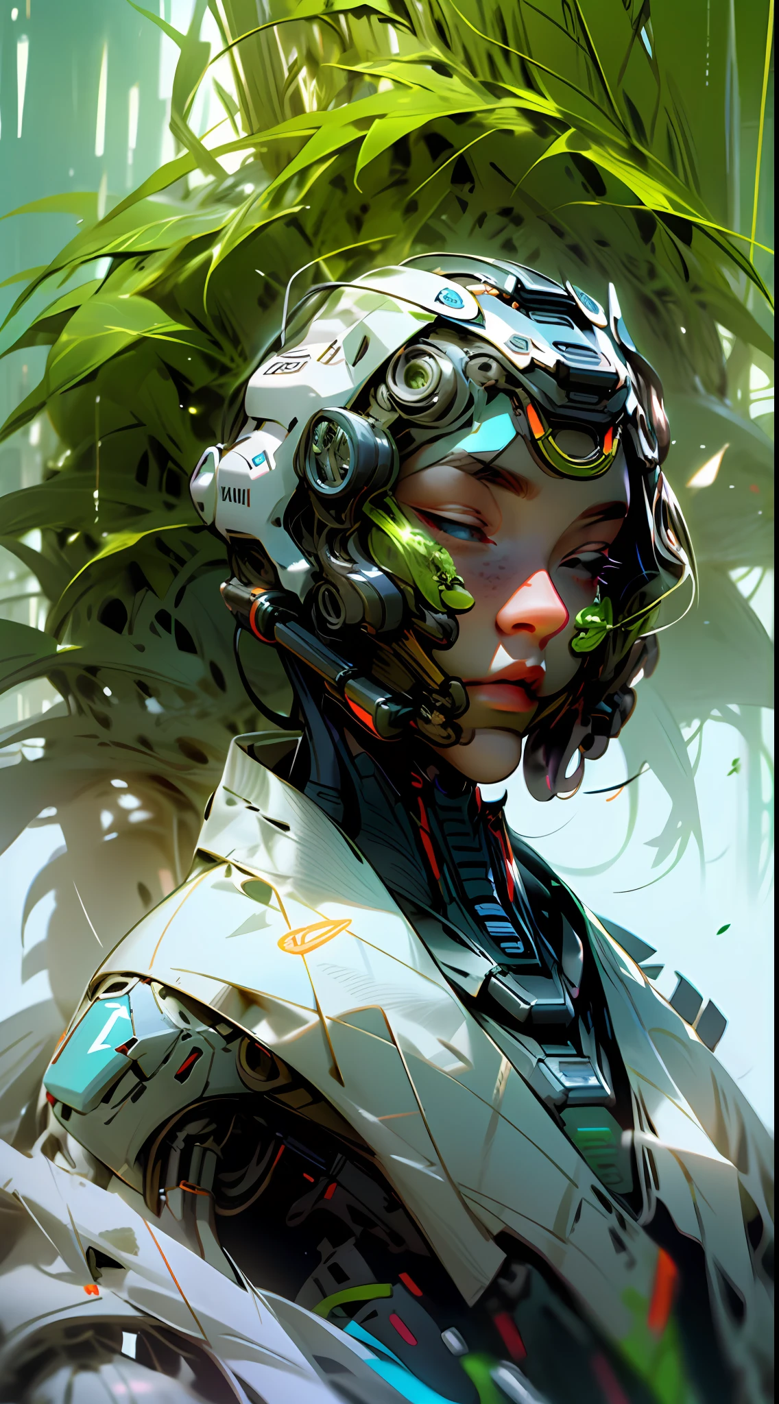cyborg, african traditional, fluff, plants, gradients, tentacles, cables, spores, checkerboard, highfashion, without face, hidden face, faceless, remove face, jewelry, automation, robot, drone, bion, botanical, x-ray, neon, strange, weird, insane, hilarious, white background --no face