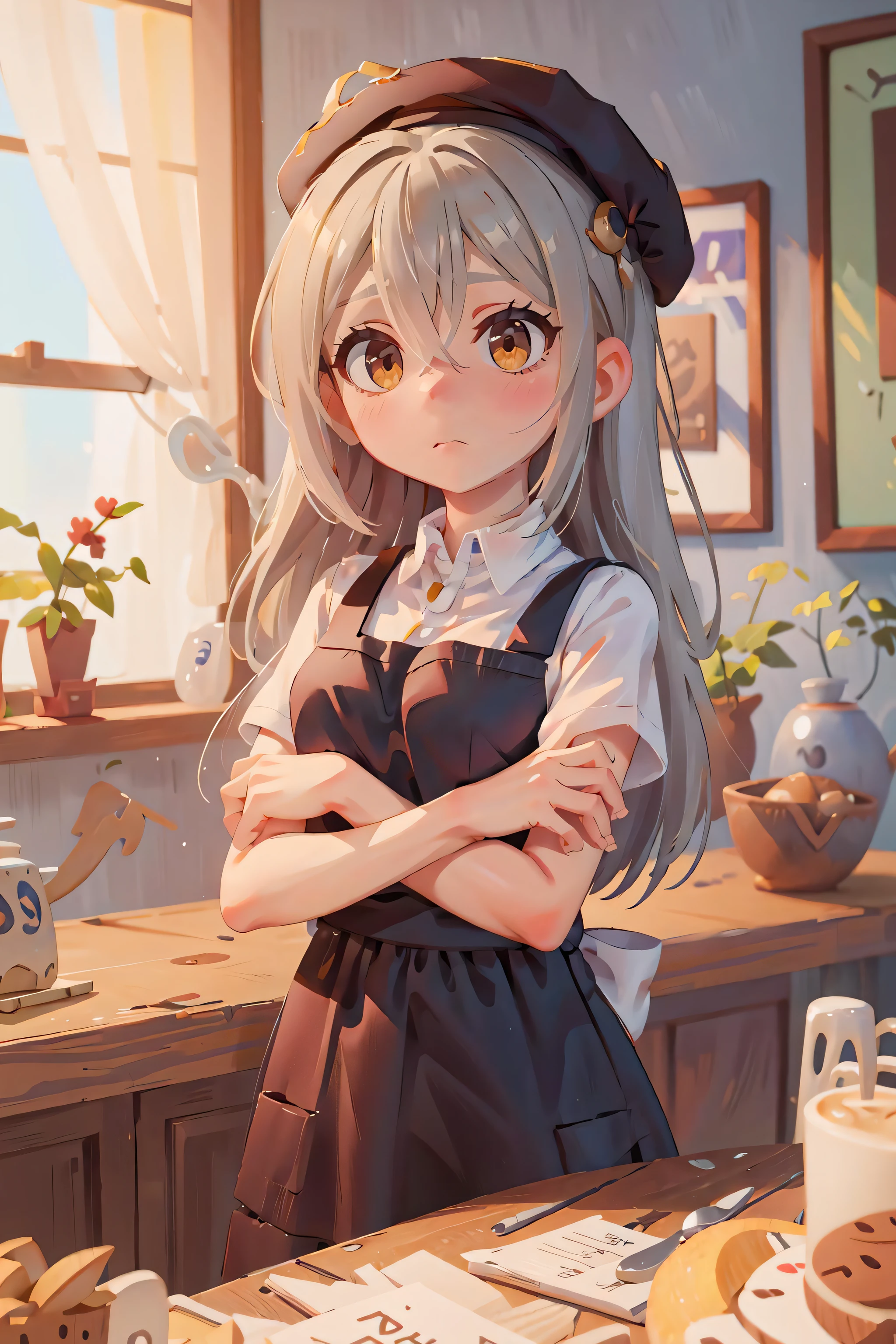 (best quality, masterpiece:1.1), 
black beret, white t-shirt, black apron, black long skirt,  (cafe, counter), 
 hugging, 
upper body,   (facing down:1.2),  
1girl, 
lovely medium small breasts,  sorrowful face,      
yellow eye, 
[grey hair|white hair], absurdly long hair, hair between eyes,