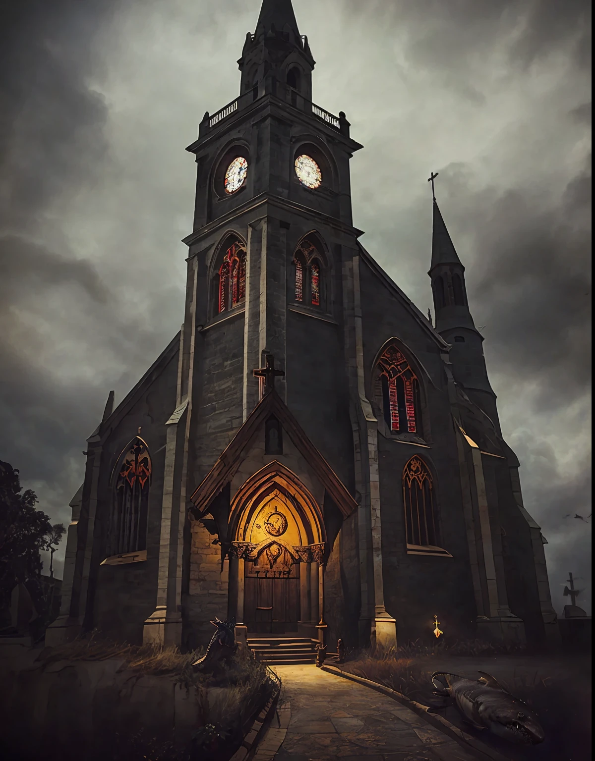 A shark caring for a baby inside a church