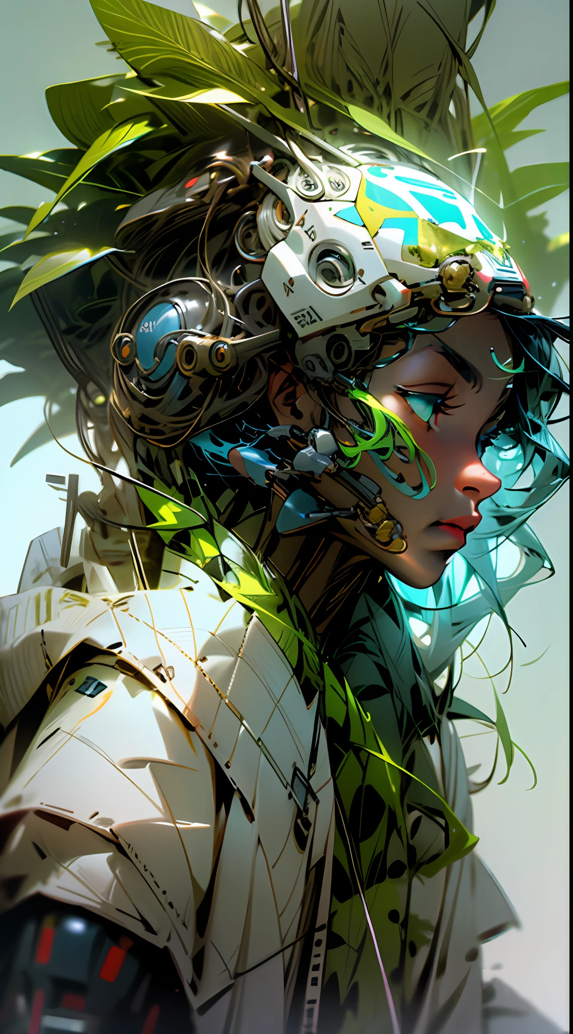 cyborg, african traditional, fluff, plants, gradients, tentacles, cables, spores, checkerboard, highfashion, without face, hidden face, faceless, remove face, jewelry, automation, robot, drone, bion, botanical, x-ray, neon, strange, weird, insane, hilarious, white background --no face