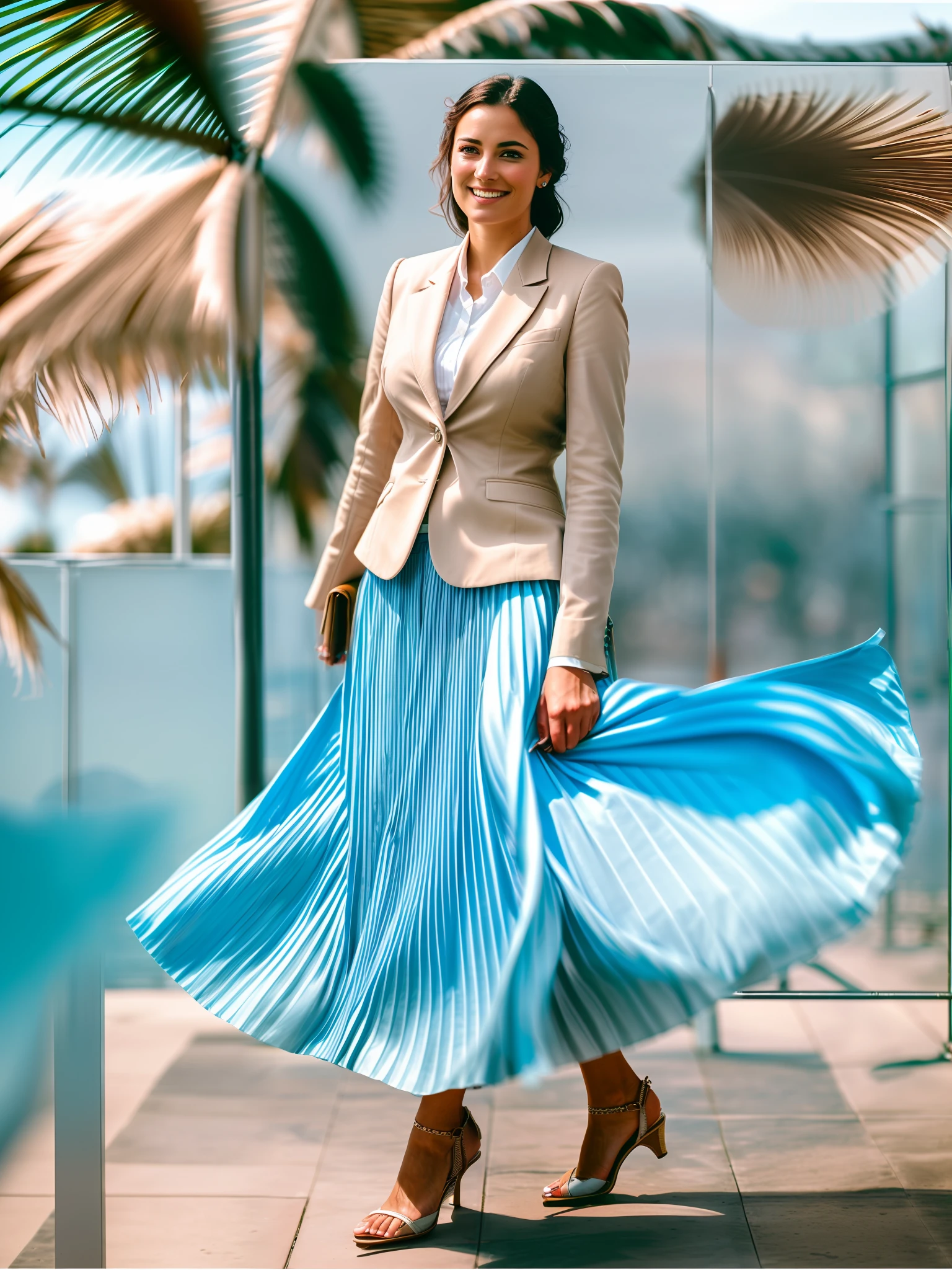 35mm f1.4 Kodak portra 400 photograph, extremely high quality RAW photograph, (a therapist is going to lovingly breastfeed you while wearing a long skirt:1.2), (shy) authentic (kind and tender) lesbian woman wearing a short blazer with a very very detailed (long (fully pleated) full circle skirt) and (simple) low heeled office shoes, very very intricate hyper-detailed symmetric (attractive graceful young feminine face) with (sad, tired) eyes and a (flirty smile:1.3), full of empathy and compassion and love, (pronounced feminine features:1,3), big boobs, large breasts, (highly detailed ultra accurate realistic) hands and fingers, ((windy conditions and wind blowing)), epic composition, highly detailed attributes, highly detailed atmosphere, detailed background, intricate, Exquisite details and textures, highly detailed,