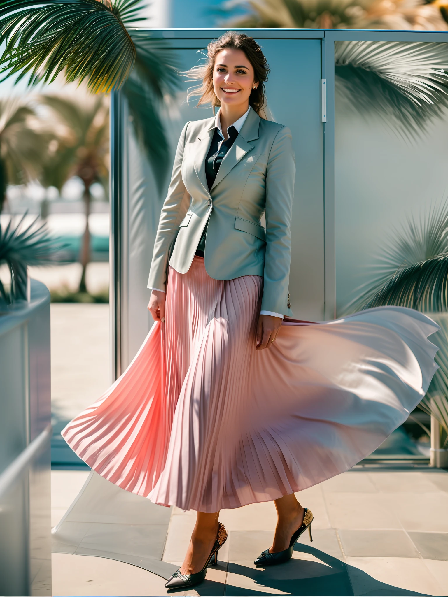 35mm f1.4 Kodak portra 400 photograph, extremely high quality RAW photograph, (a therapist is going to lovingly breastfeed you while wearing a long skirt:1.2), (shy) authentic (kind and tender) lesbian woman wearing a short blazer with a very very detailed (long (fully pleated) full circle skirt) and (simple) low heeled office shoes, very very intricate hyper-detailed symmetric (attractive graceful young feminine face) with (sad, tired) eyes and a (flirty smile:1.3), full of empathy and compassion and love, (pronounced feminine features:1,3), big boobs, large breasts, (highly detailed ultra accurate realistic) hands and fingers, ((windy conditions and wind blowing)), epic composition, highly detailed attributes, highly detailed atmosphere, detailed background, intricate, Exquisite details and textures, highly detailed,