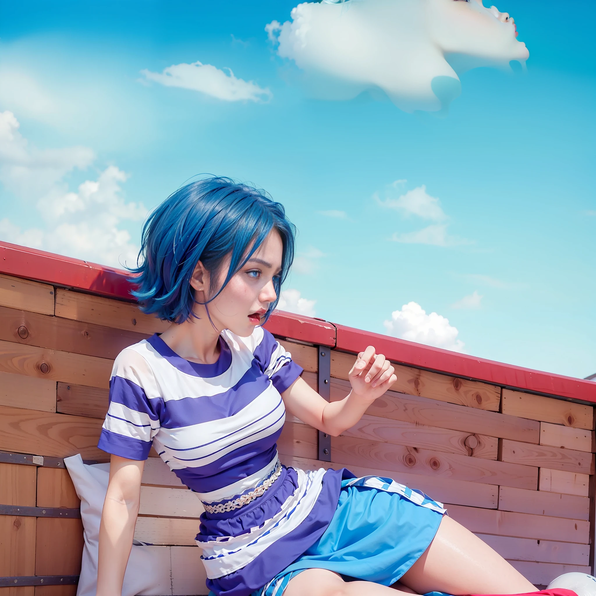 (female:1.2) (bodybuilder:0.8), hyper realistic, masterpiece, photorealistic, real skin, detailed face, detailed skin, detailed lighting, 1girl, (blue eyes), large breasts, scared face, short hair, blue hair, open mouth, skirt, thigh, scared pose