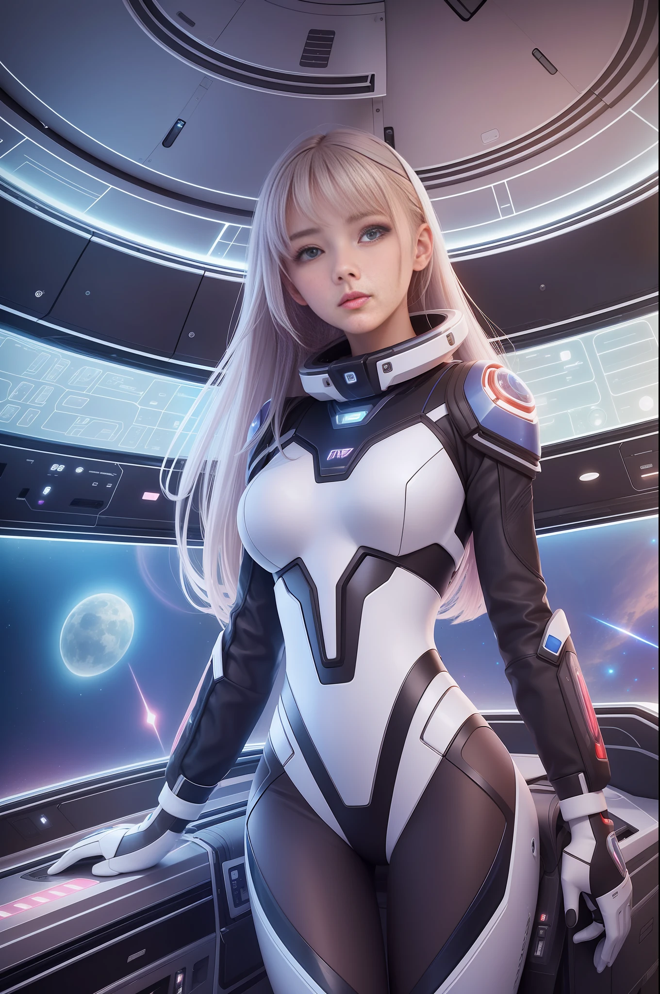 1 cute and beautiful girl, 20 years old, in a huge spaceship, full of technology and futuristic inside, open vision, smooth lines, inspired by the movie space traveler, seductive appearance, ultra HD, sexy long legs