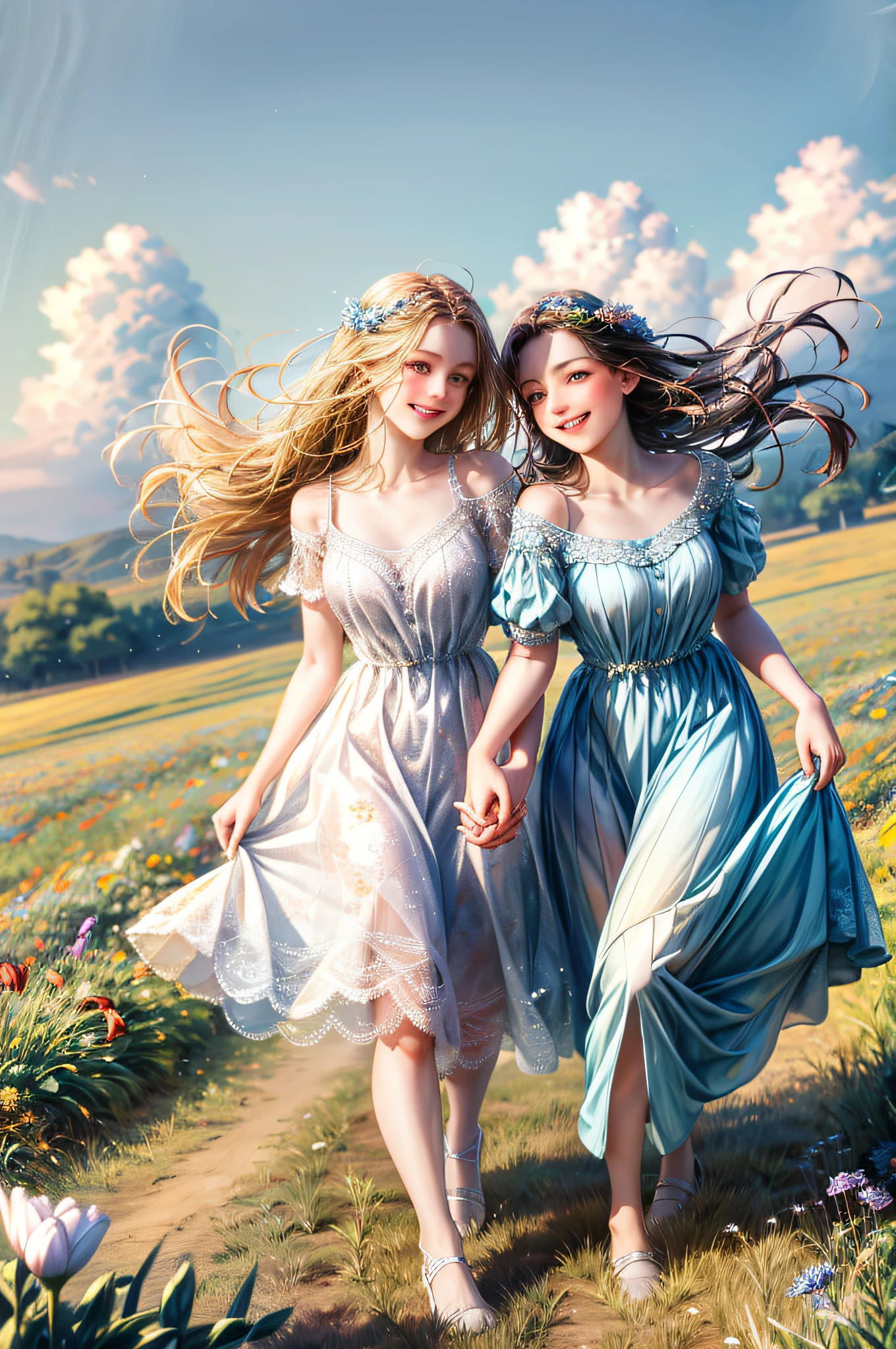 Two girls running hand in hand in a field full of flowers in cute and simple dresses and a beautiful blue sky both smiling