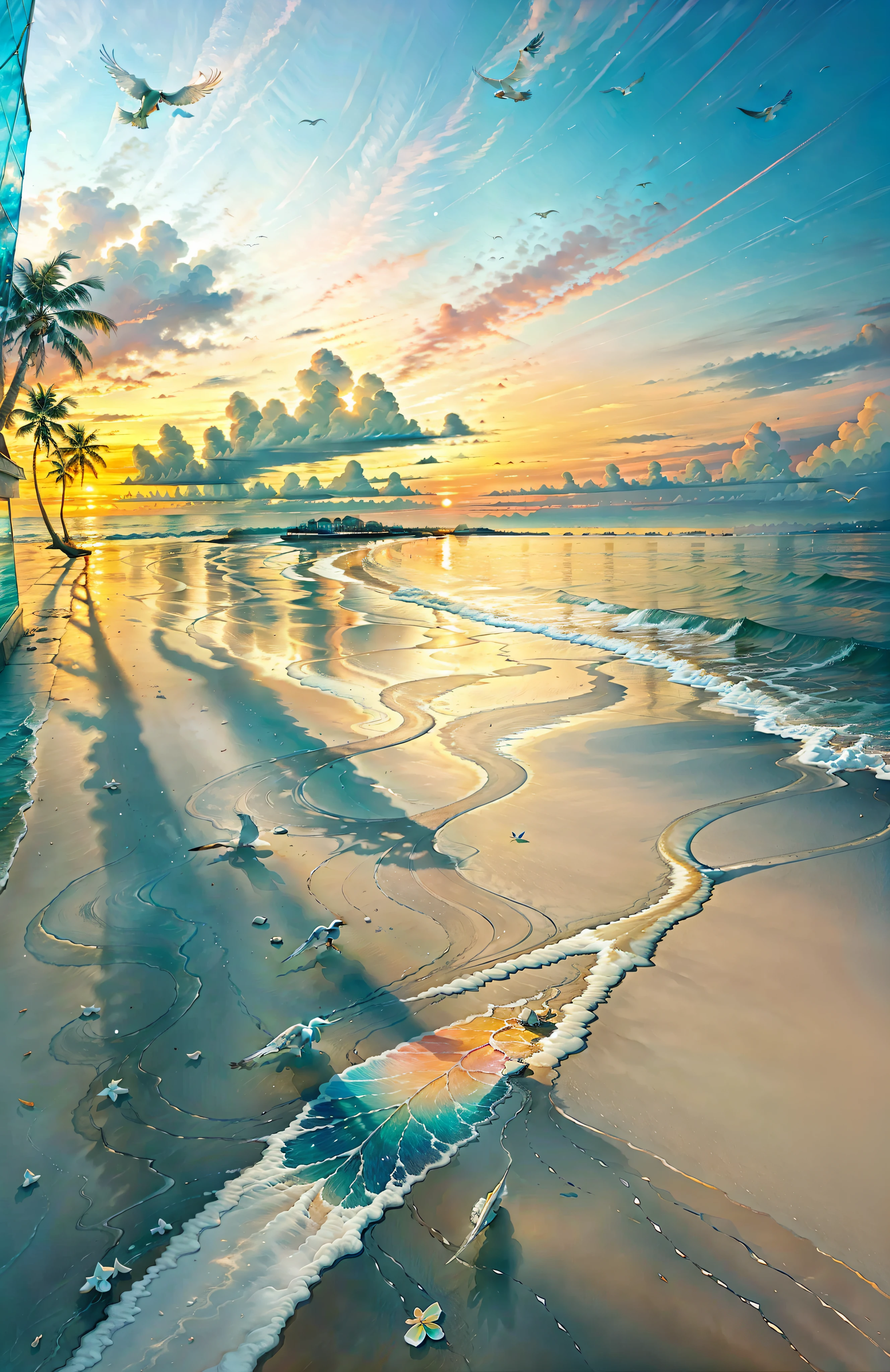 The beach is covered with colorful transparent smooth stones: 1.5, an absolutely mesmerizing sunset on the beach with a mix of orange, pink and yellow in the sky. The water is crystal clear, gently kissing the shore, and the white sand beach stretches as far as the eye can see. The scene is dynamic and breathtaking, with seagulls soaring high in the sky and palm trees gently swaying. Soak up the calming atmosphere and let tranquility envelop you.