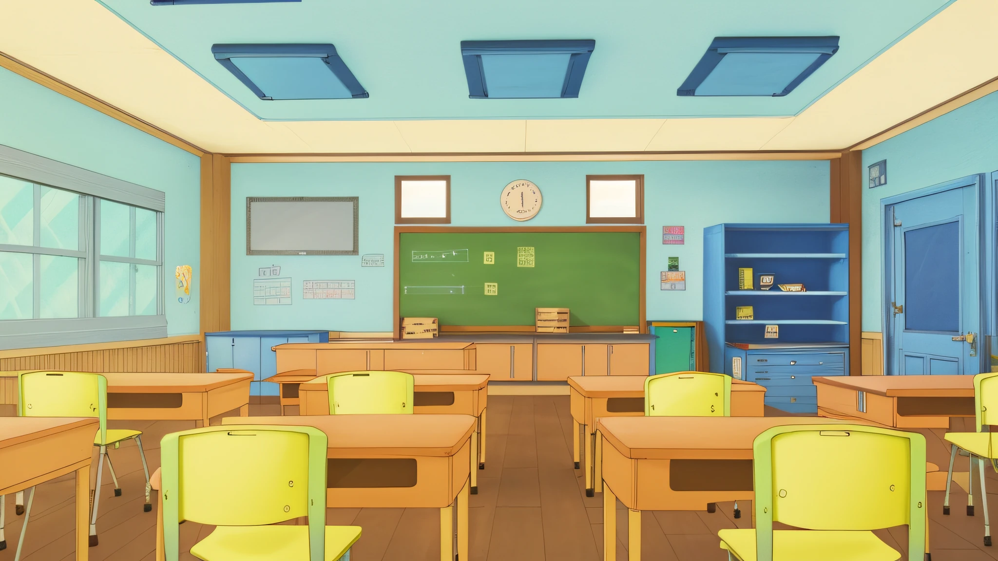 there is a classroom with a chalkboard and desks and chairs, classroom background, school classroom, classroom in background, interior background art, classroom, background art, inside elementary school, detailed school background, background artwork, in a classroom, random background scene, personal room background, typical anime classroom, highschool background, school class, anime background art, in a school classroom