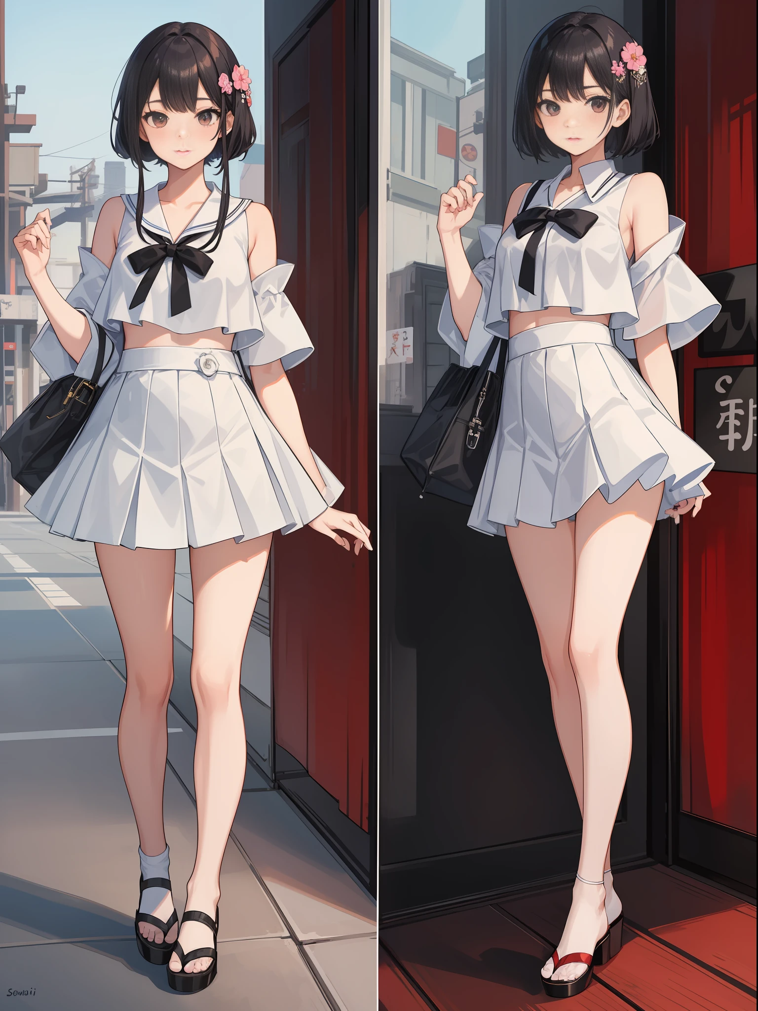 {Japan slender beauties}, high resolution, top quality, super detail, {full body}, school swimsuit with white skirt, wedges, fine details, no blush, bite