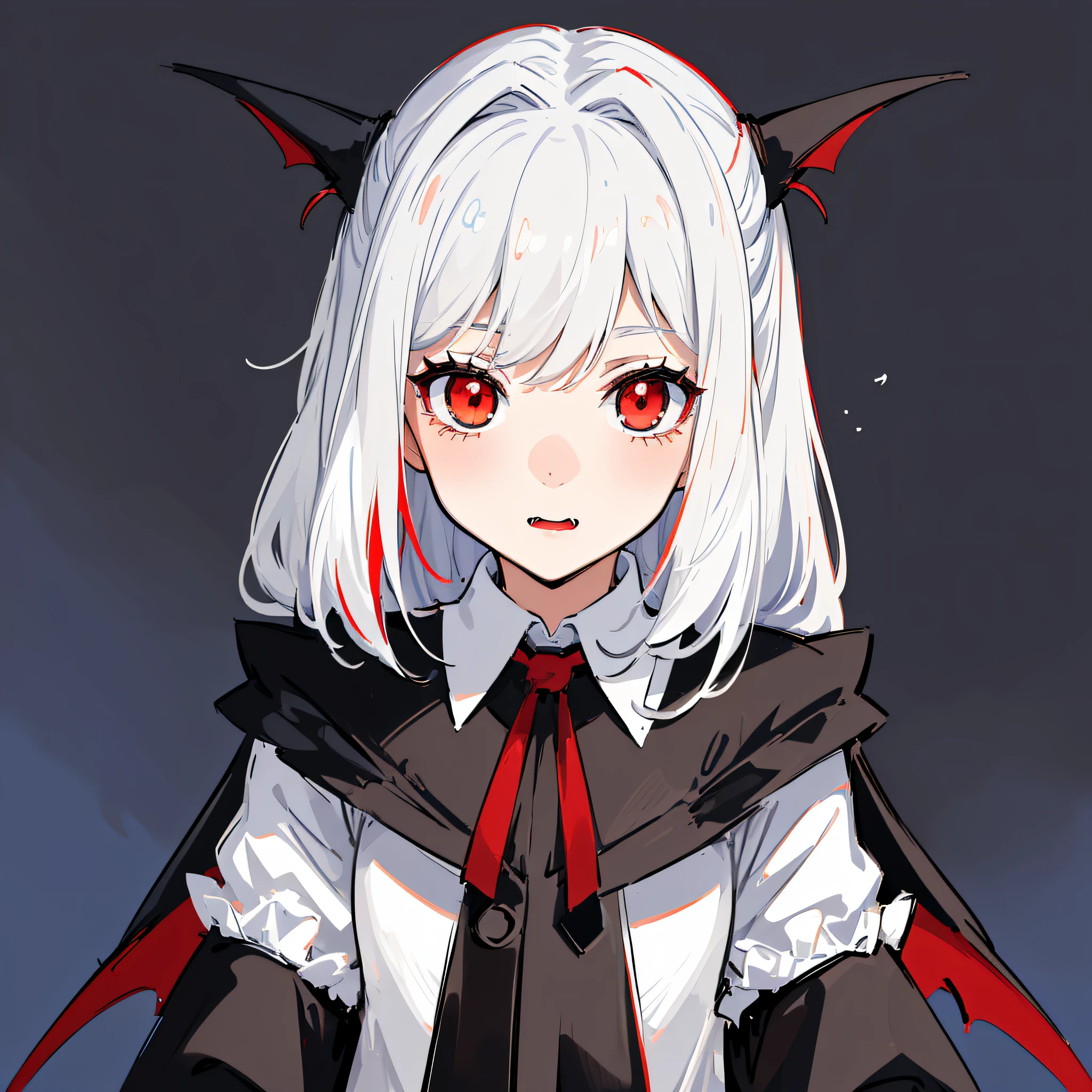 ((cute + loli + vampire + black and red color scheme), white hair: 0.9, ultra-detailed, kawaii dynamic pose, ultra-detailed clothing, twilight, blue background)