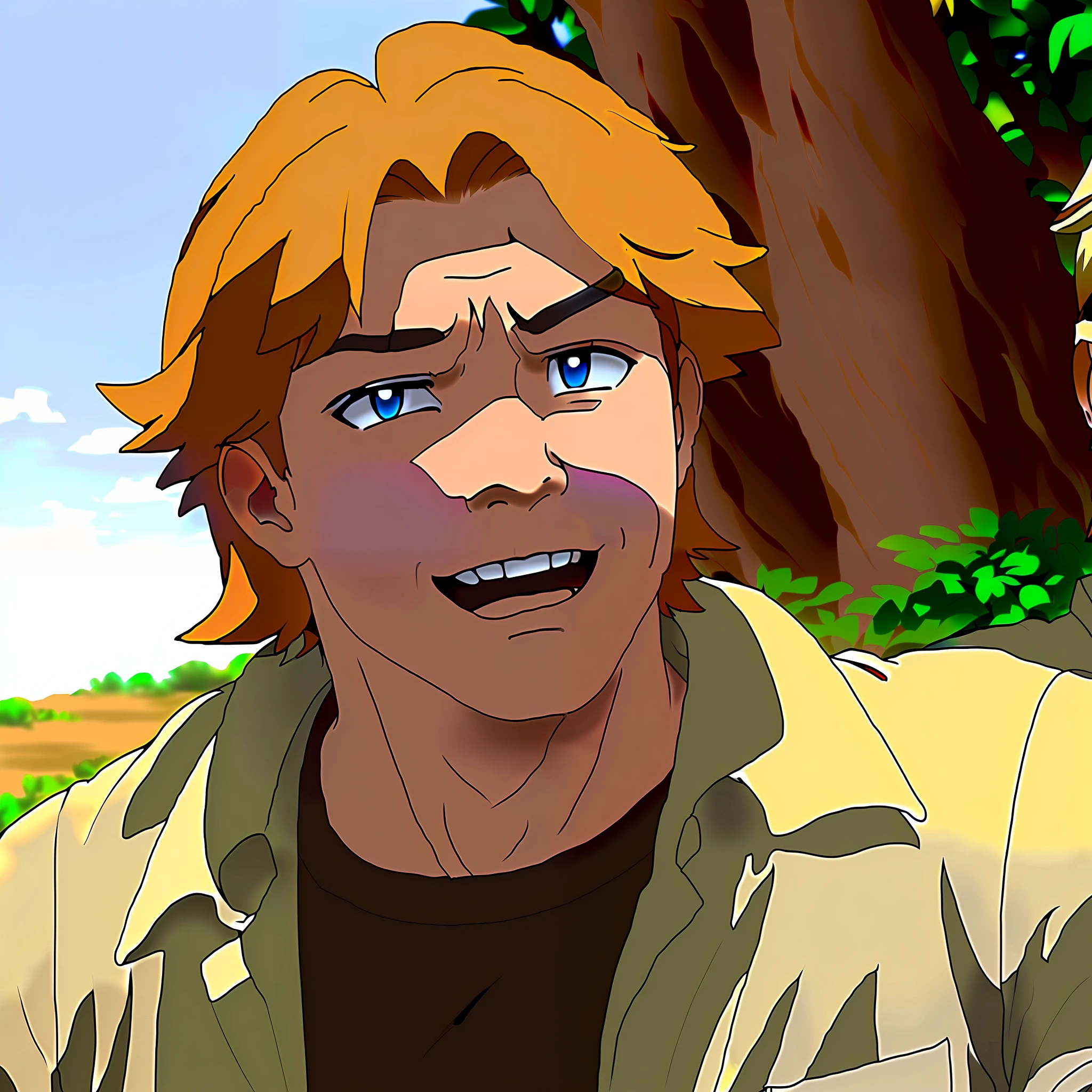 blond haired man in a khaki shirt and white jacket in a cartoon, steve irwin, forrest in background, pokemon anime style, pokemon style, pokemon anime, pokemon