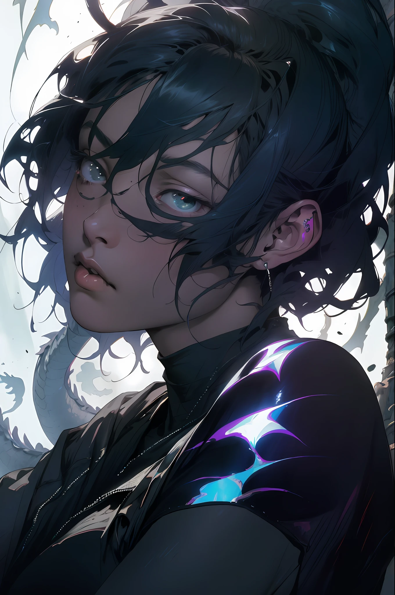 absurd, highres, ultra detailed, moody lighting, quiet, calm, brightness, masterpiece, best quality, 1girl, dark fantasy movie of the 90s yet, menacing dragon next door