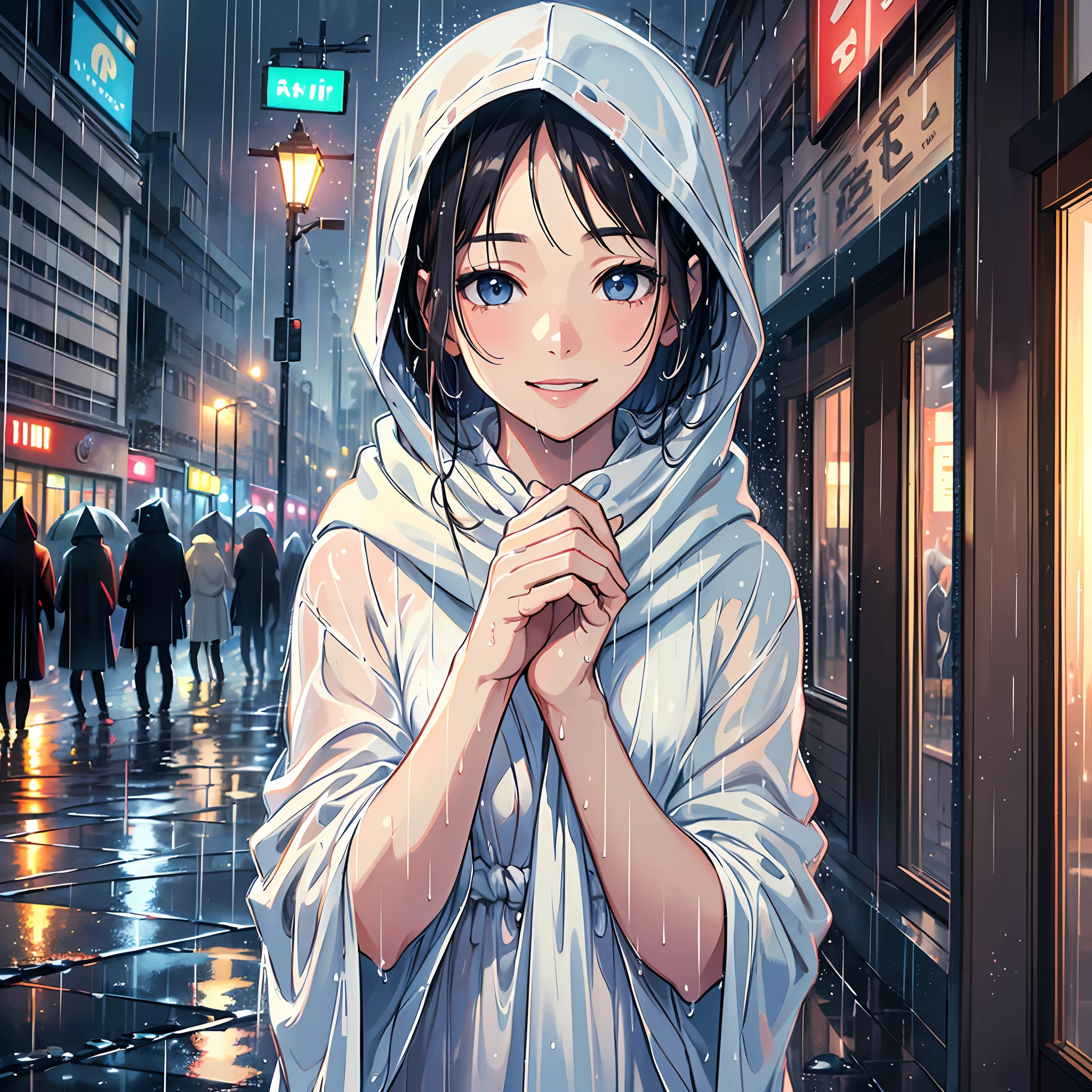 ((Painting style: realistic), (Scene: in the rain), shawl scattered, white clothes wet by the rain, eyes firm, smiling, reaching out to meet the rain, picture panorama, picture quality best quality, ultra-detailed, high resolution) --auto --s2